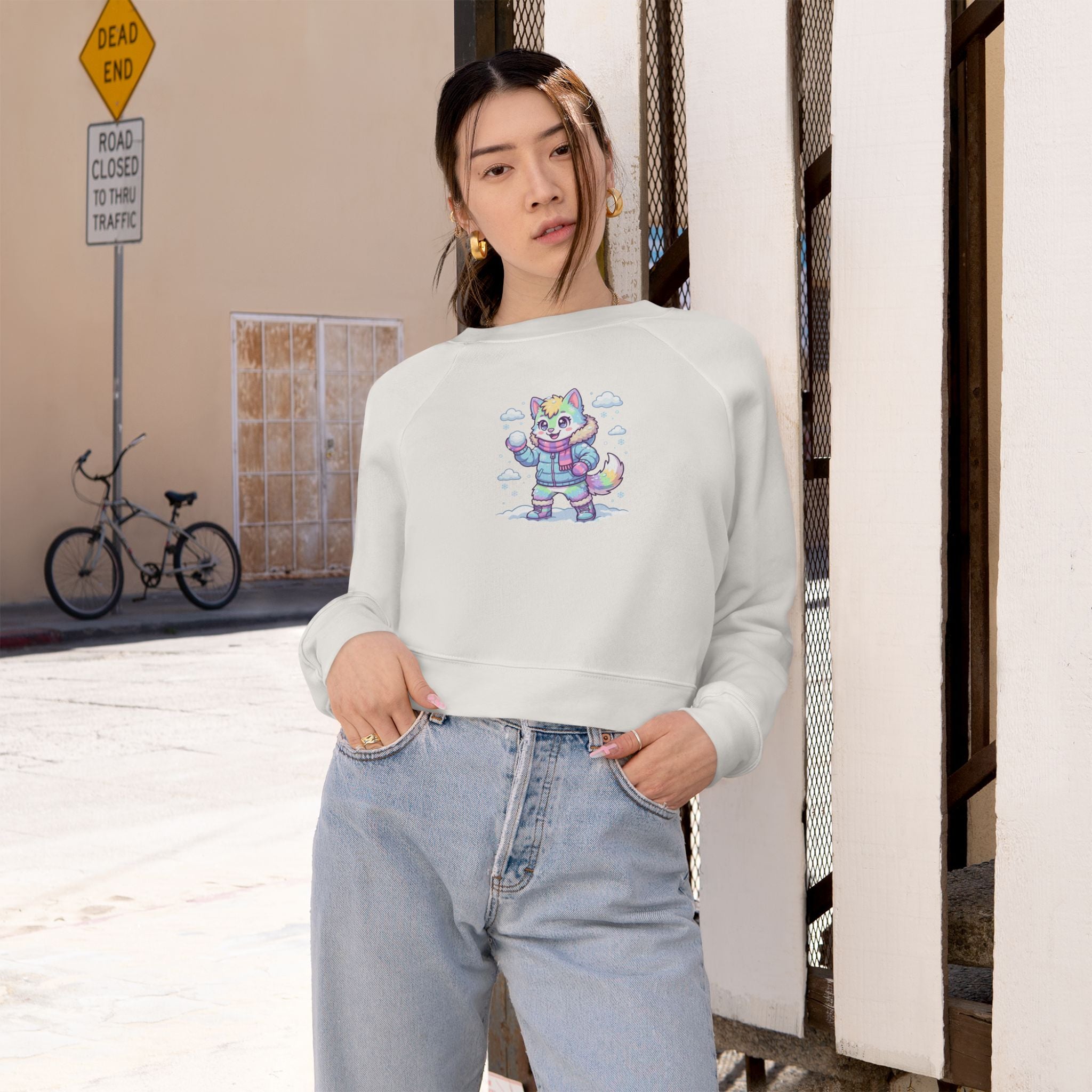 Winter Cropped Pullover | Pastel Lucky Cat Snowball Graphic
