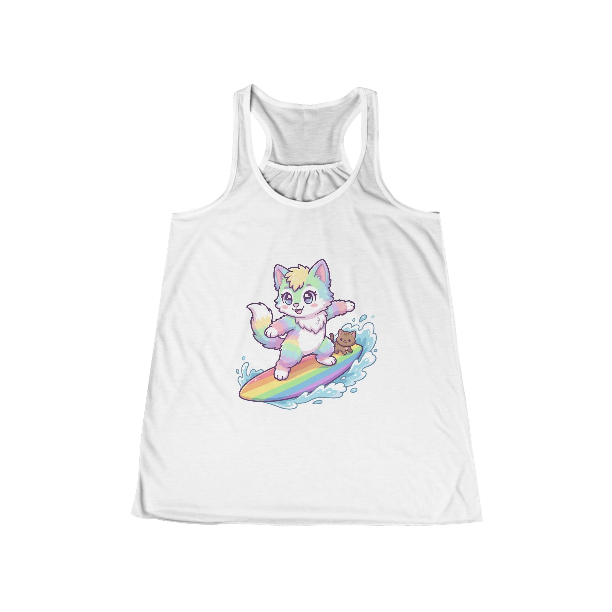 Cute Surfing Kitty Tank Top — Pastel Rainbow Cat on Surfboard Women's Flowy Racerback