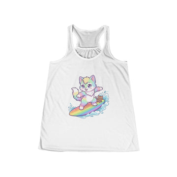 Cute Surfing Kitty Tank Top — Pastel Rainbow Cat on Surfboard Women's Flowy Racerback