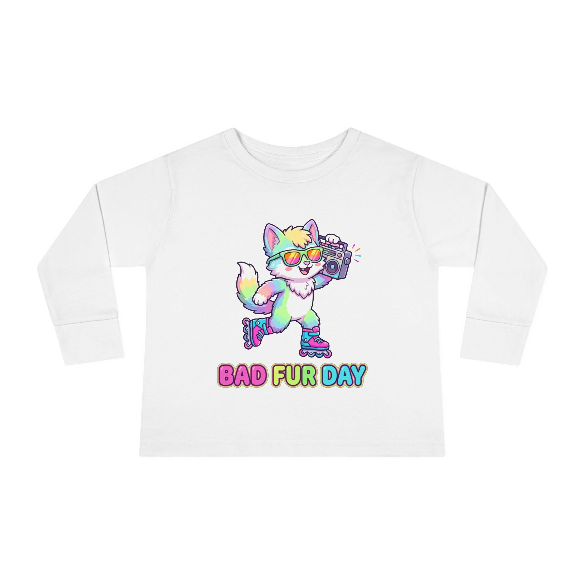 Toddler Long Sleeve Tee — "Bad Fur Day" Rainbow Roller Fox Kids Shirt