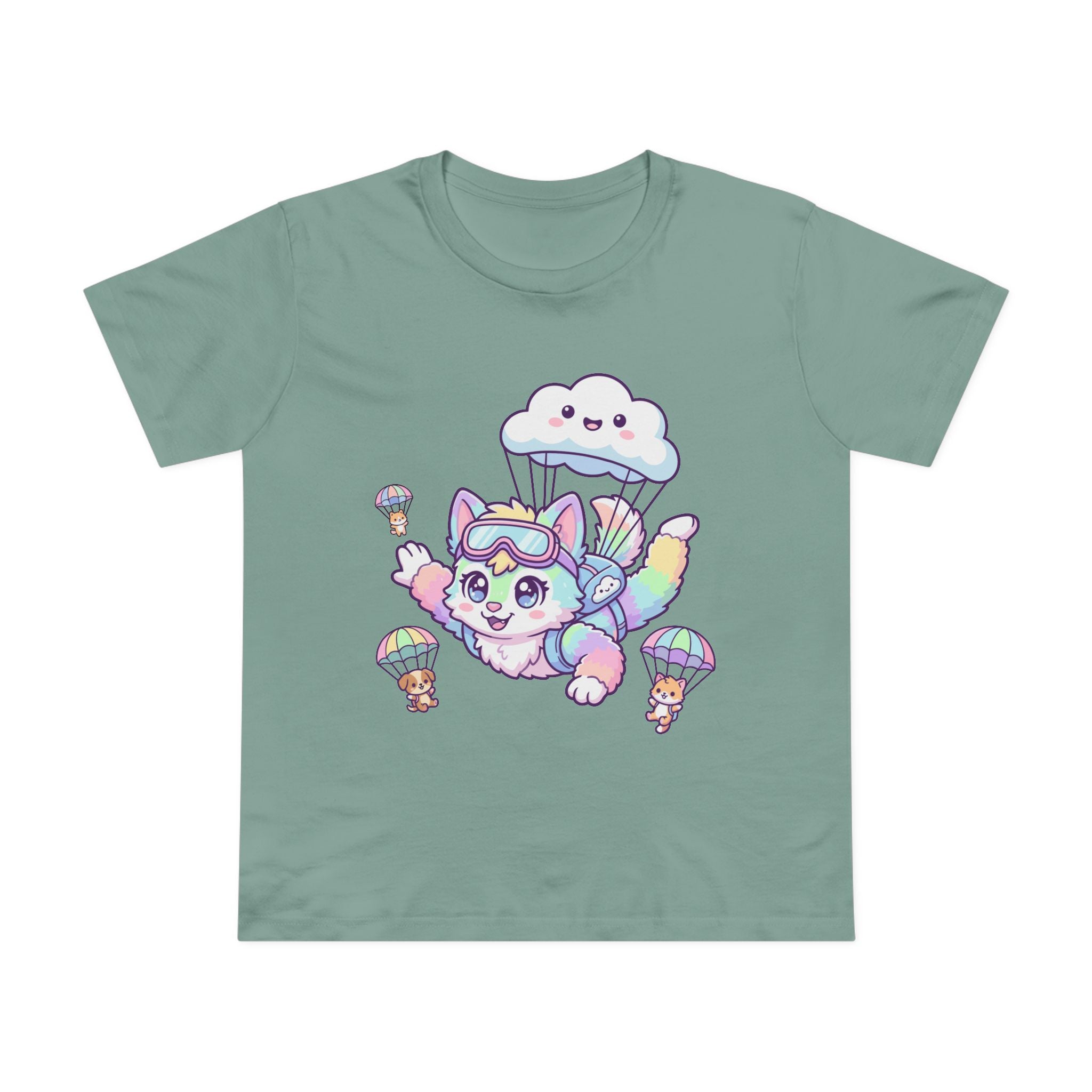 Pastel Rainbow Furry Skydiving Character Tee | Cute Pet Pals