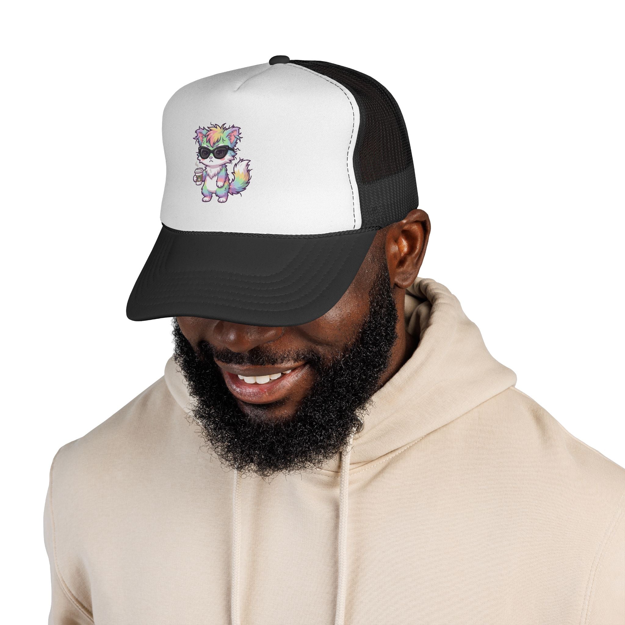 Grumpy Rainbow Furry Trucker Cap — Sunglasses Cute Mesh Back Hat