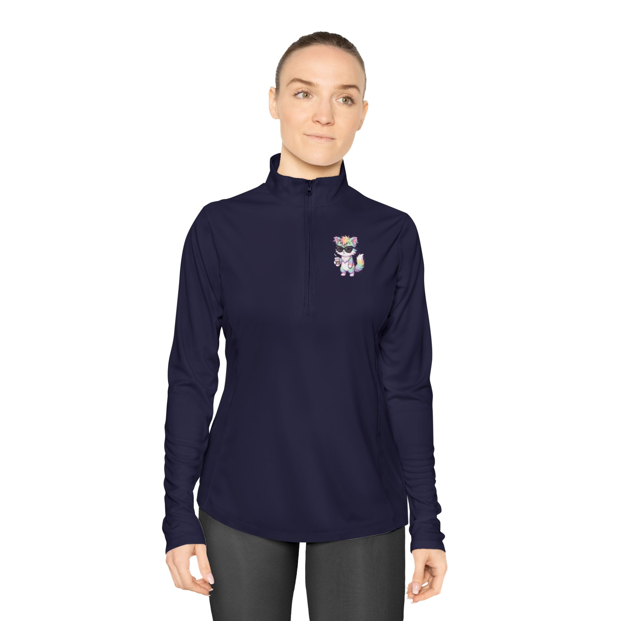 Cute Grumpy Rainbow Furry Ladies Quarter-Zip Pullover | Embroidered Pullover