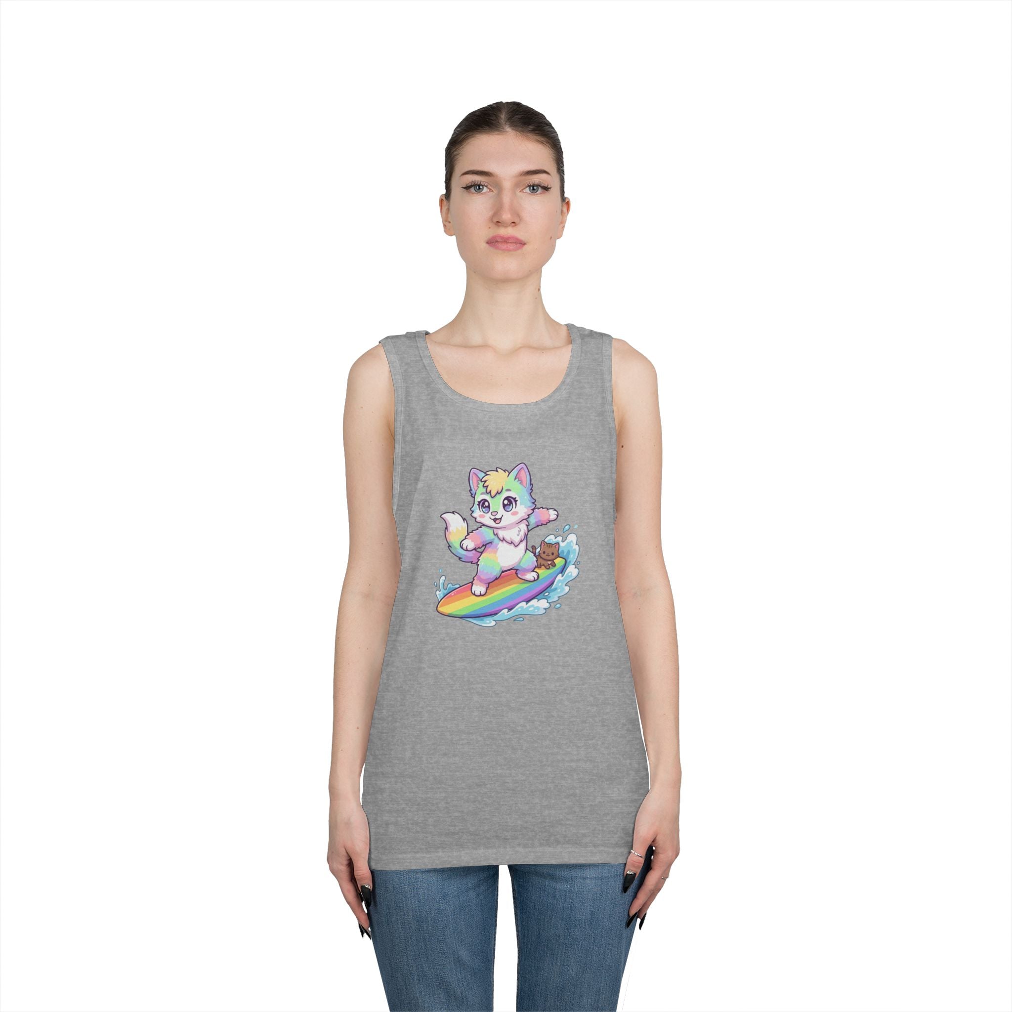 Kawaii Cat Surfing Rainbow Tank