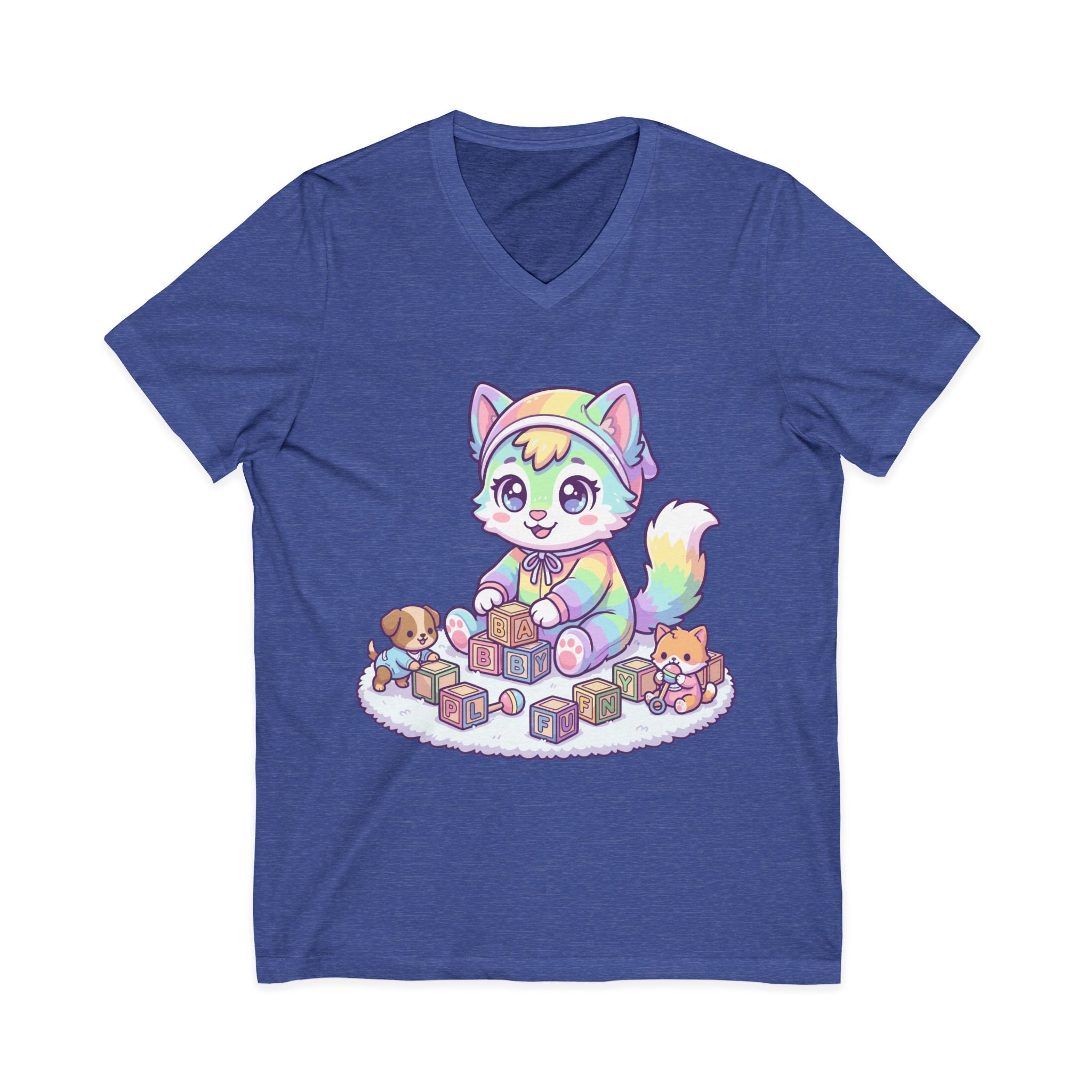Baby Kawaii Rainbow Kitten Playing With Blocks V-Neck Tee