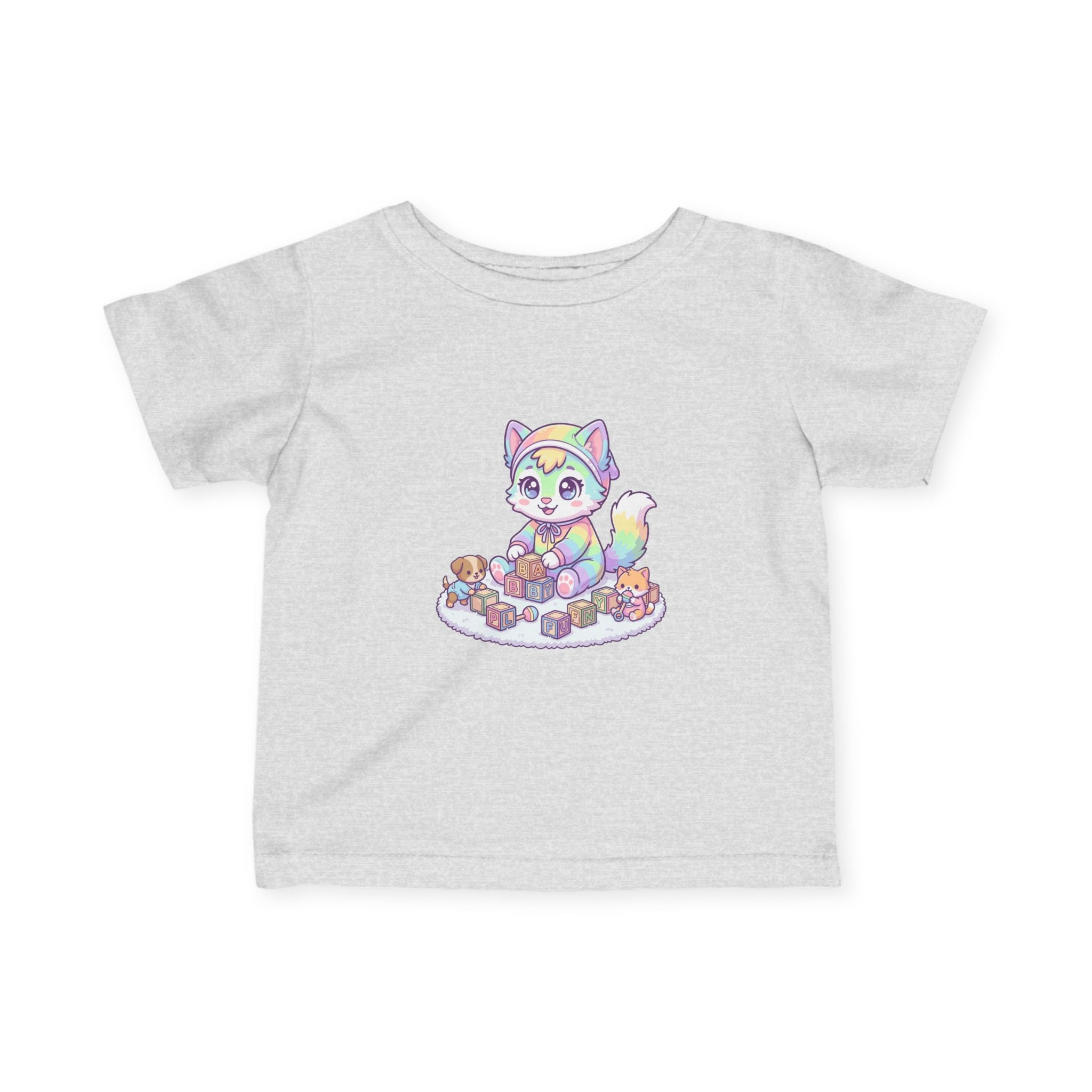 Pastel Rainbow Kitten Infant Tee – Cute Kitty with Toy Blocks