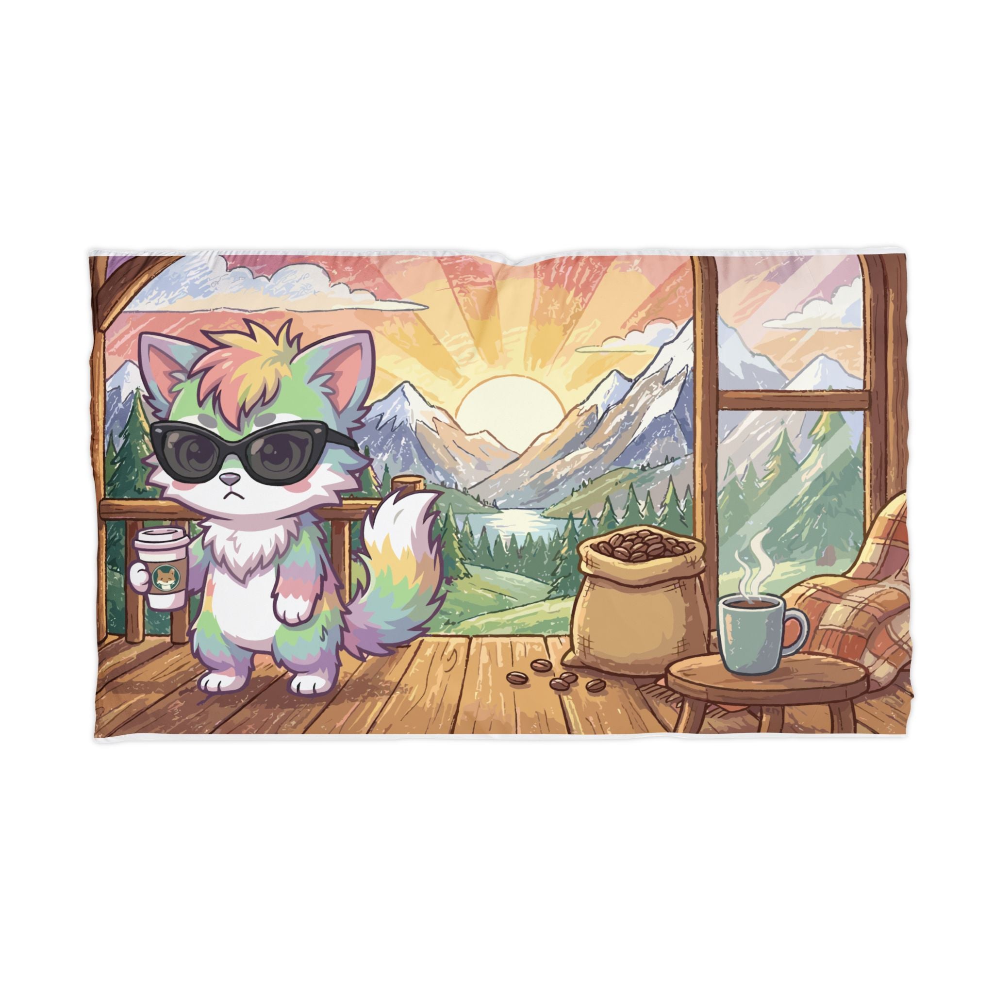 Cute Rainbow Cat Microfiber Pillowcase — Scenic Sunrise Cabin Design