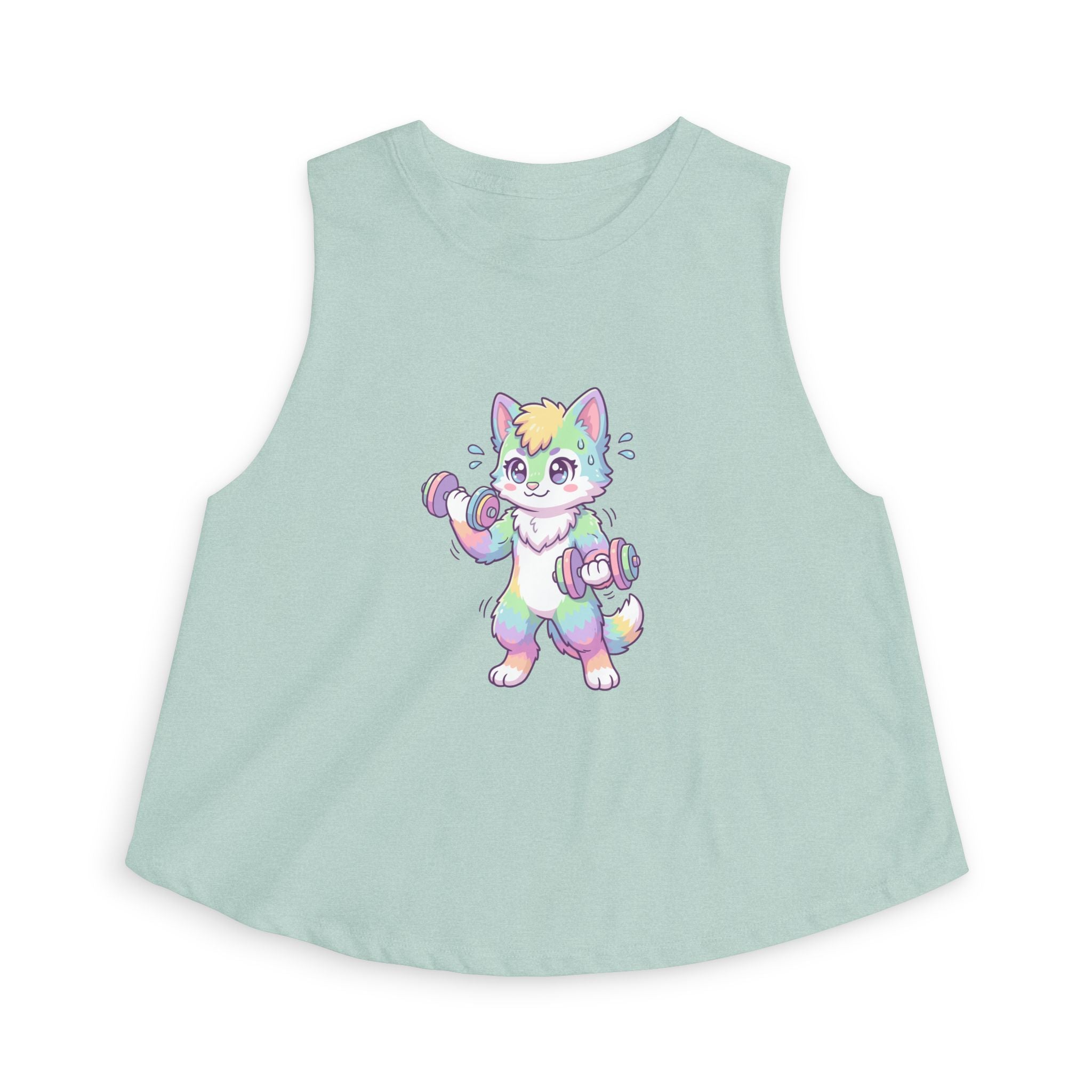 Lift Cute Pastel Fitness Cat Crop Top — Rainbow Kitty with Dumbbells