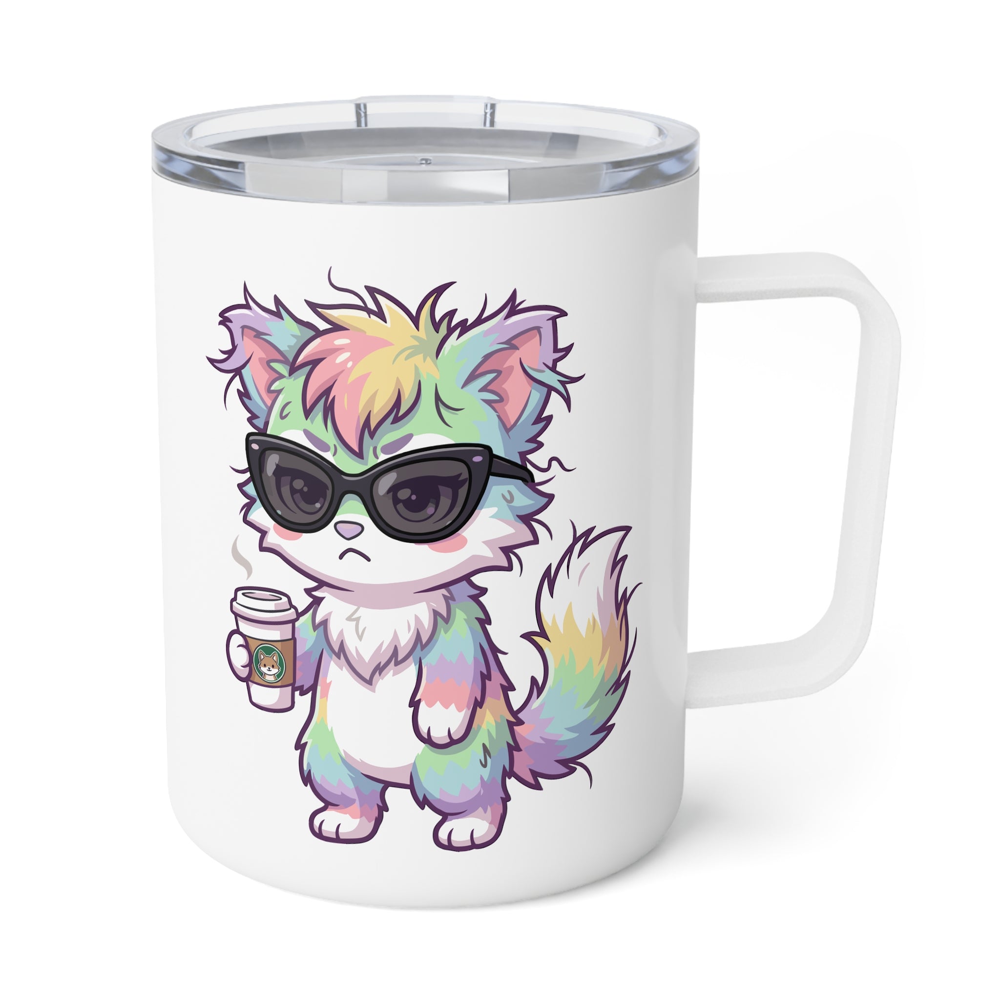 10oz Insulated Coffee Mug — Cute Grumpy Rainbow Furry Holding Coffee Cute Travel Tumbler