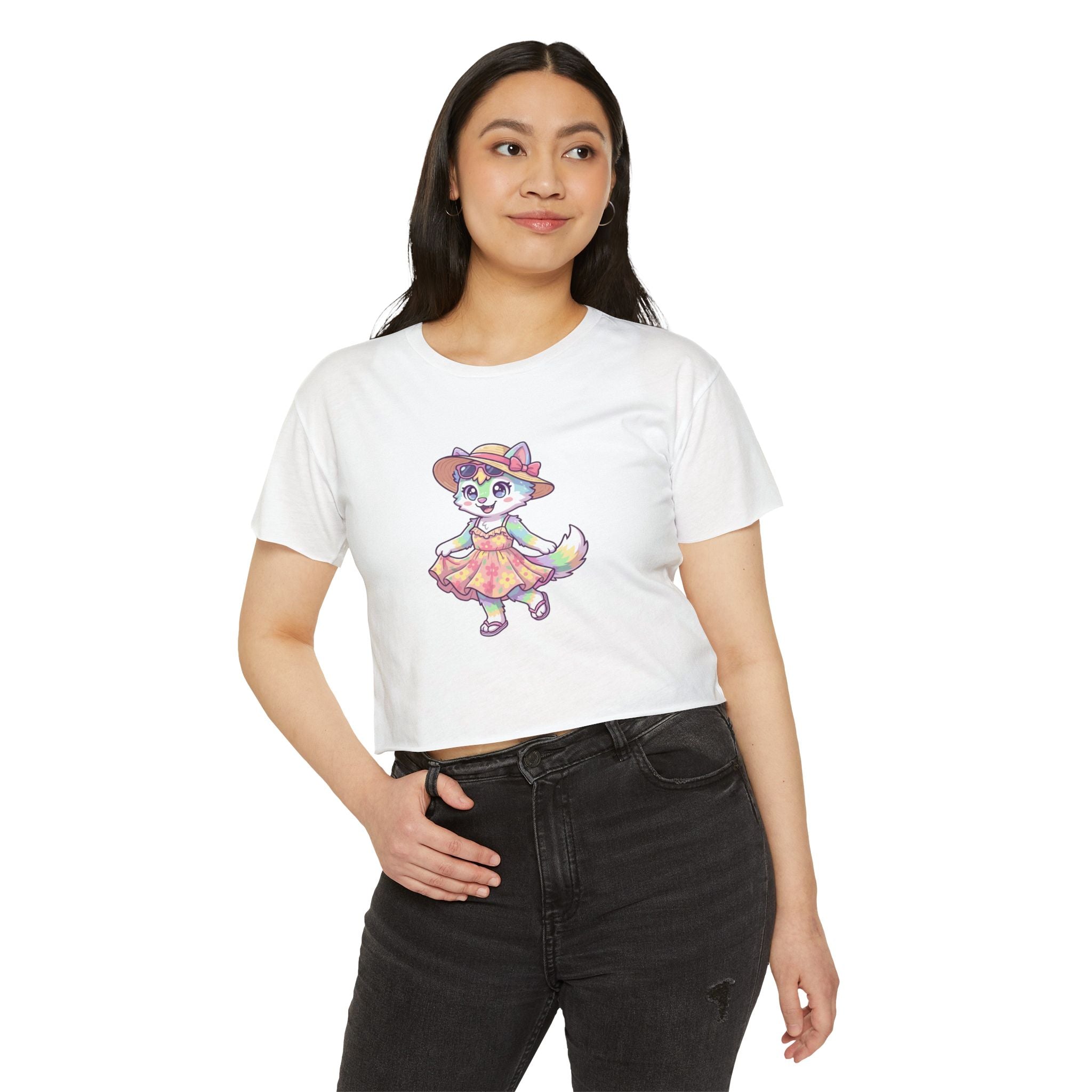 Summer Kawaii Festival Fox Crop Top — Cute Colorful Dancing Fox Graphic