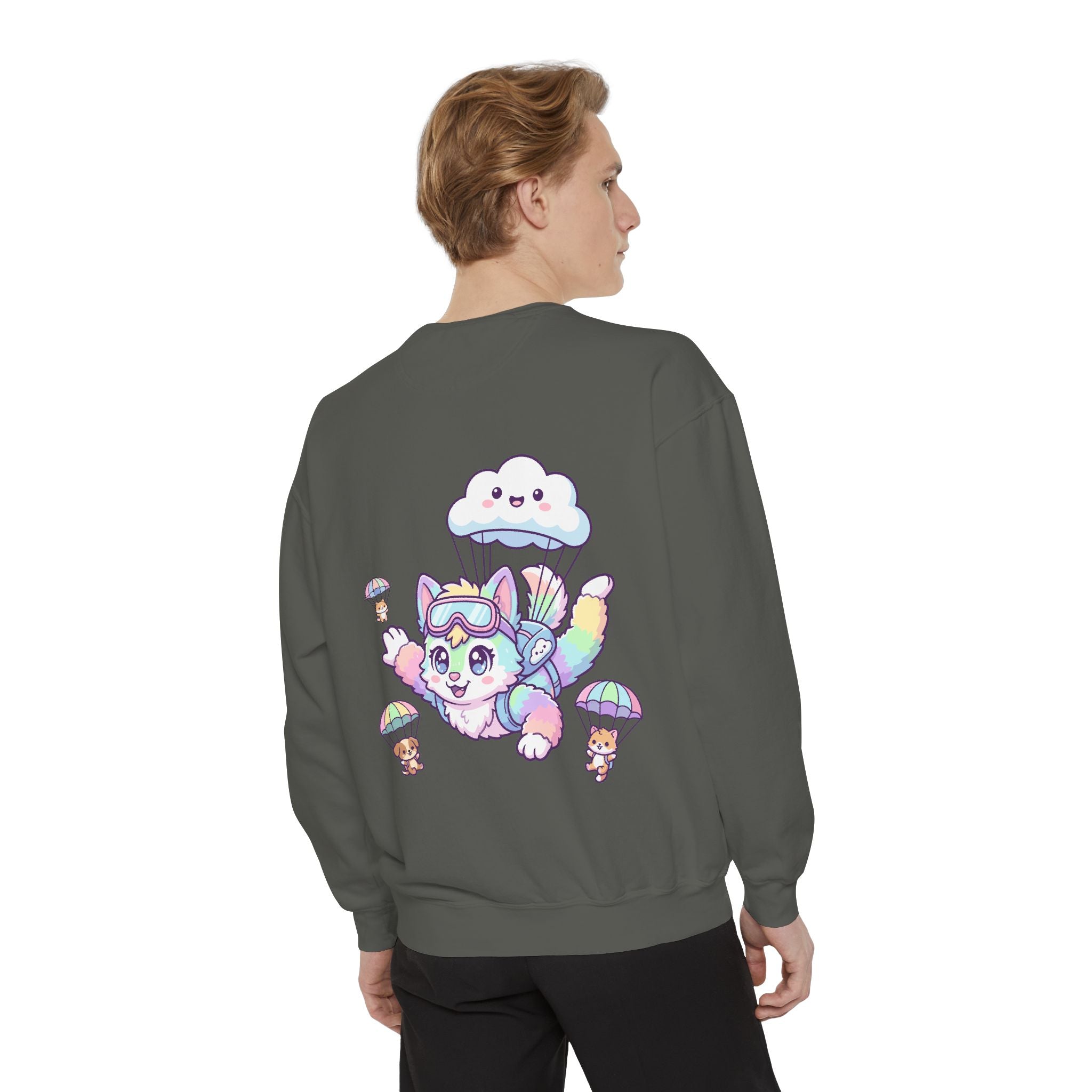 Cute Retro Rainbow Skydiving Furry Sweatshirt | Pocket Graphic T-Shirt