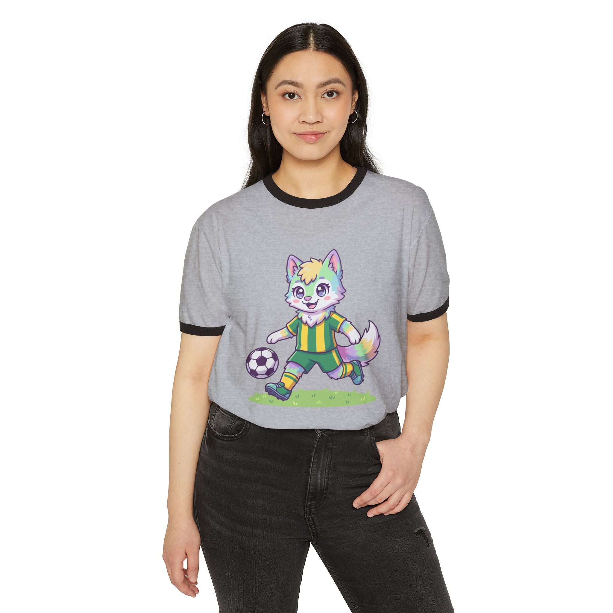 Soccer Rainbow Fox Kids Ringer T-Shirt | Cute Cartoon Fox Playing Soccer
