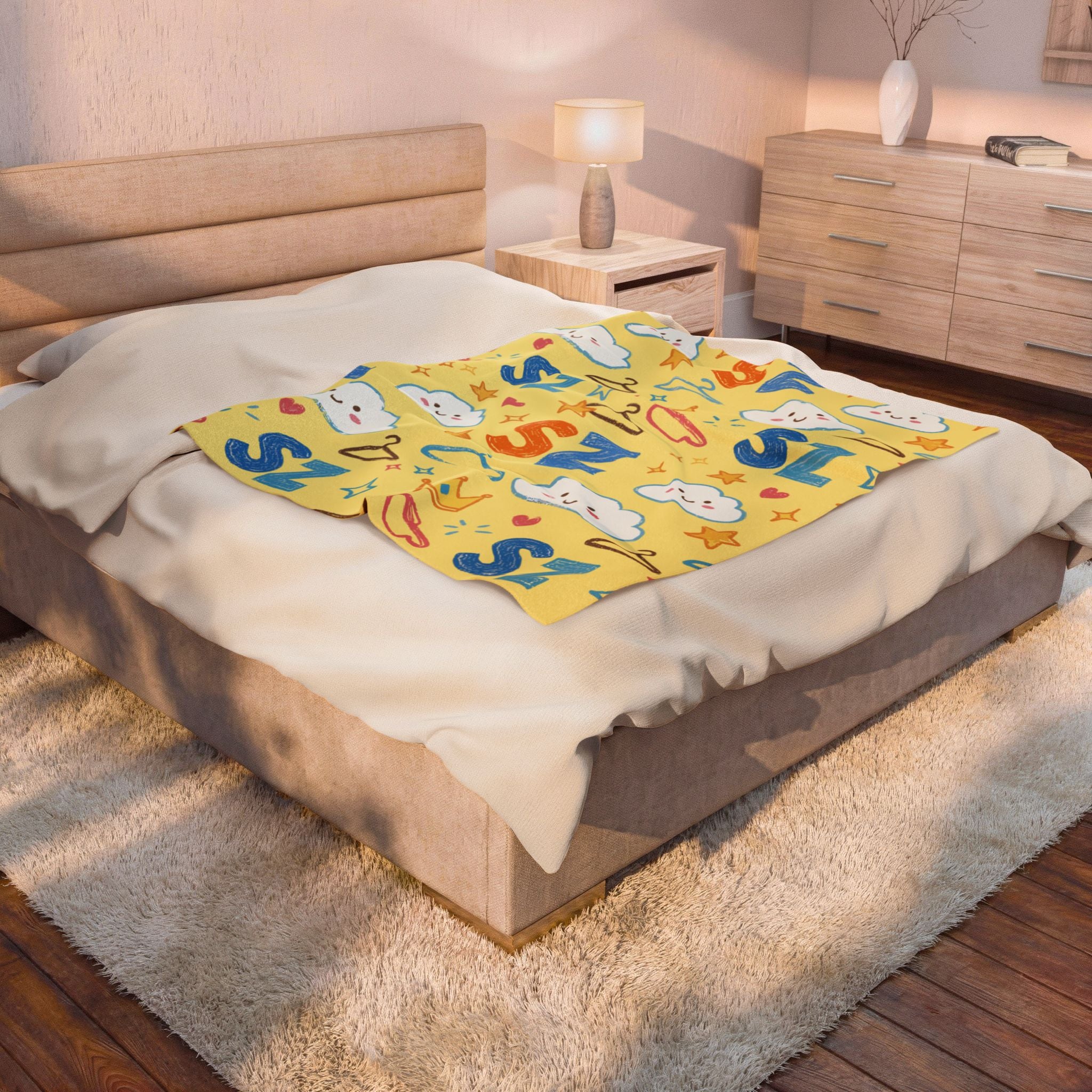 Plush Blanket - Yellow Sleepy Clouds & 'Zs' Kids Velveteen Throw