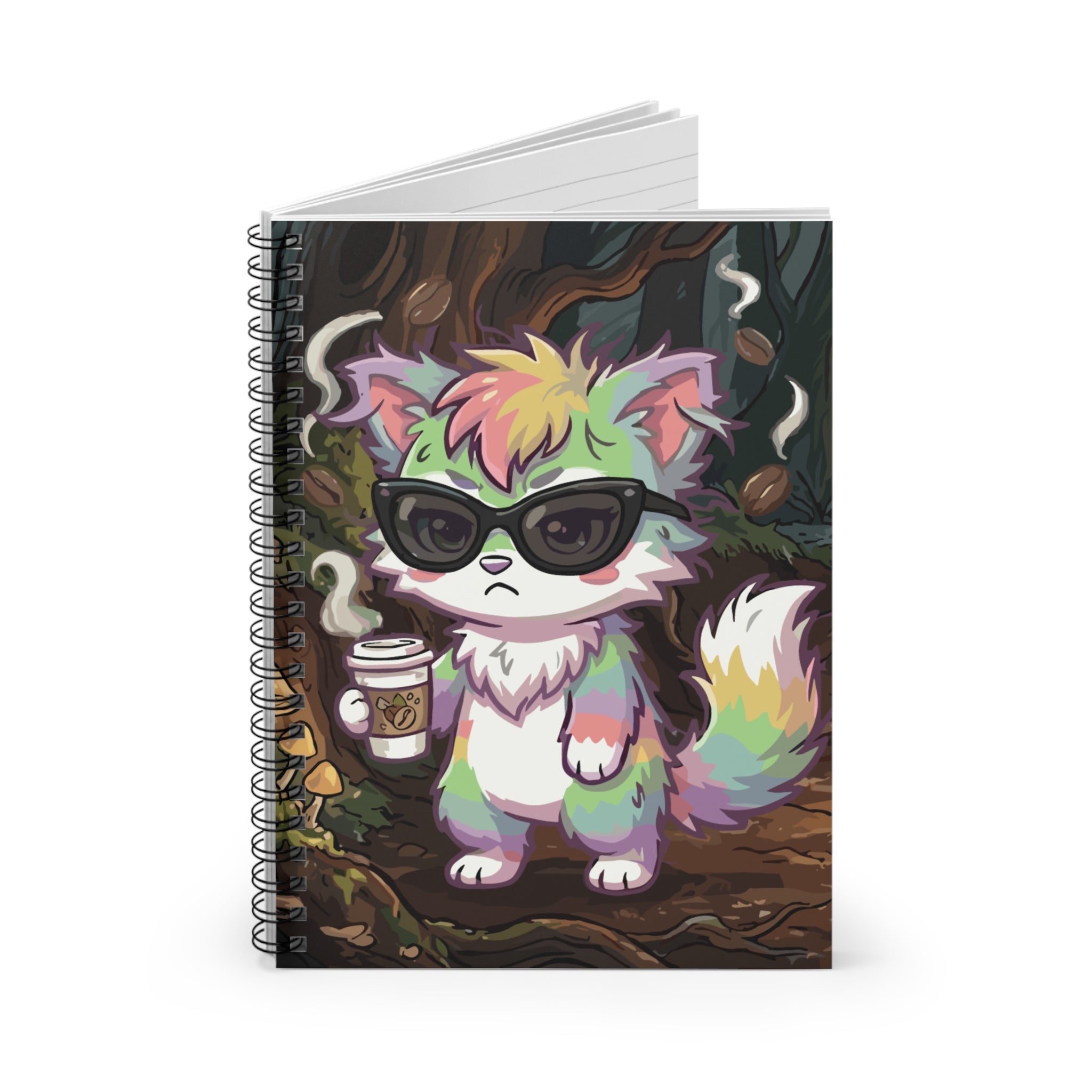 Notebook — Cool Rainbow Forest Cat with Sunglasses & Coffee (Ruled)
