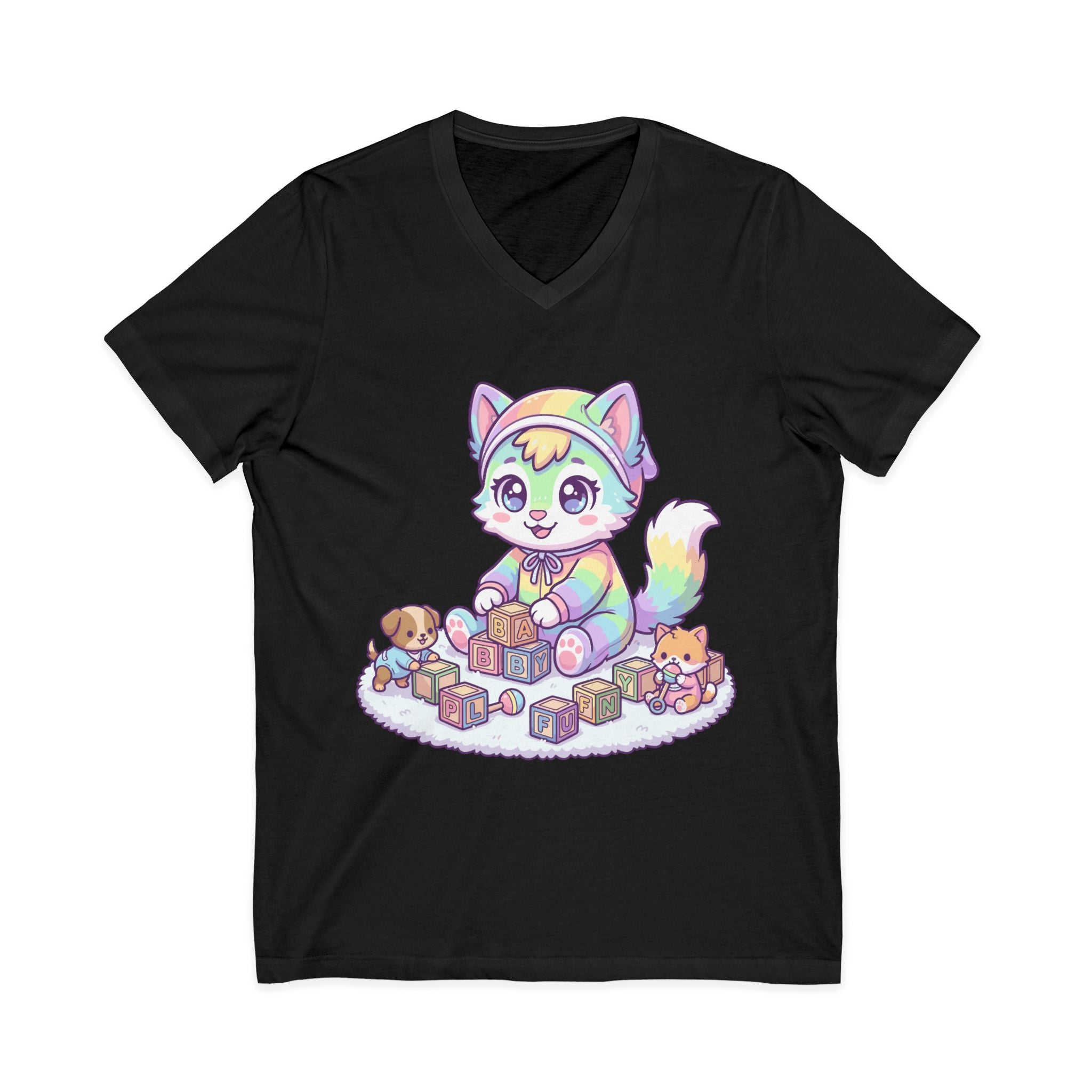 Baby Kawaii Rainbow Kitten Playing With Blocks V-Neck Tee