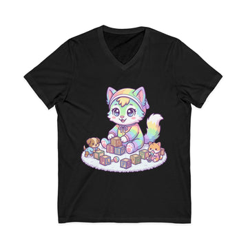 Baby Kawaii Rainbow Kitten Playing With Blocks V-Neck Tee