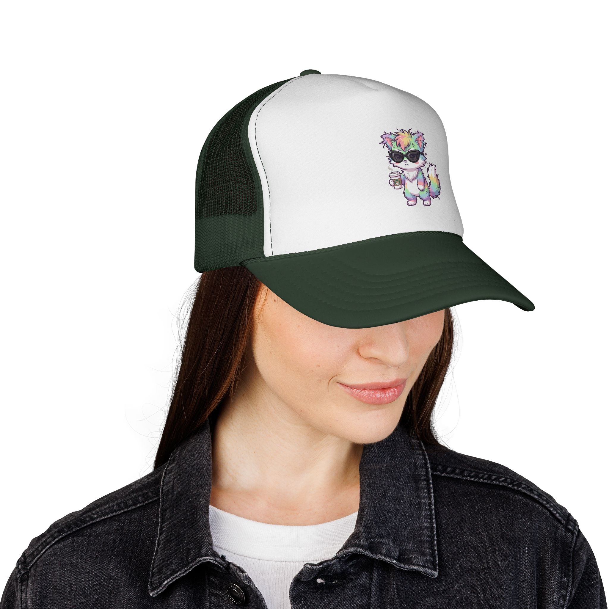 Grumpy Rainbow Furry Trucker Cap — Sunglasses Cute Mesh Back Hat