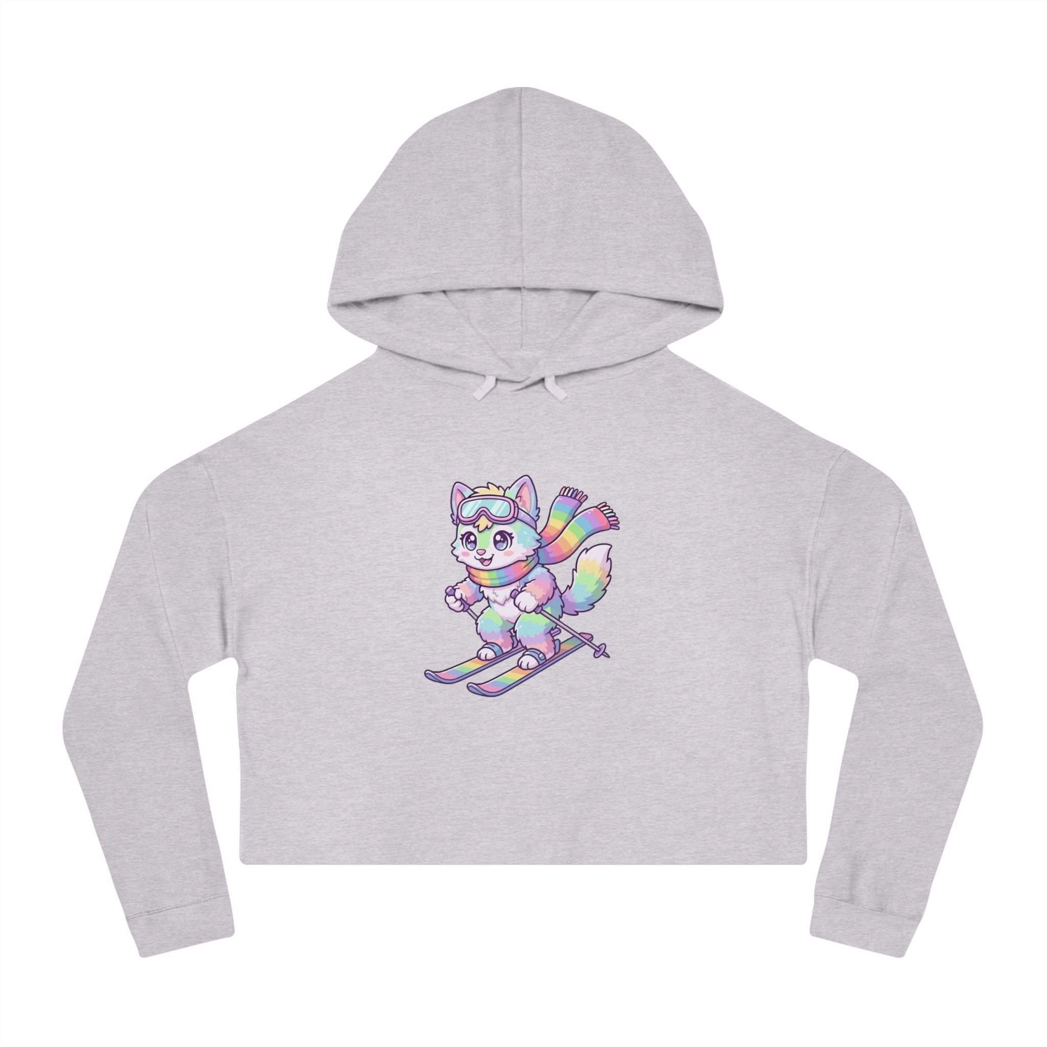 Rainbow Ski Cat Cropped Hoodie — Cute Pastel Cat Skiing Graphic Sweatshirt