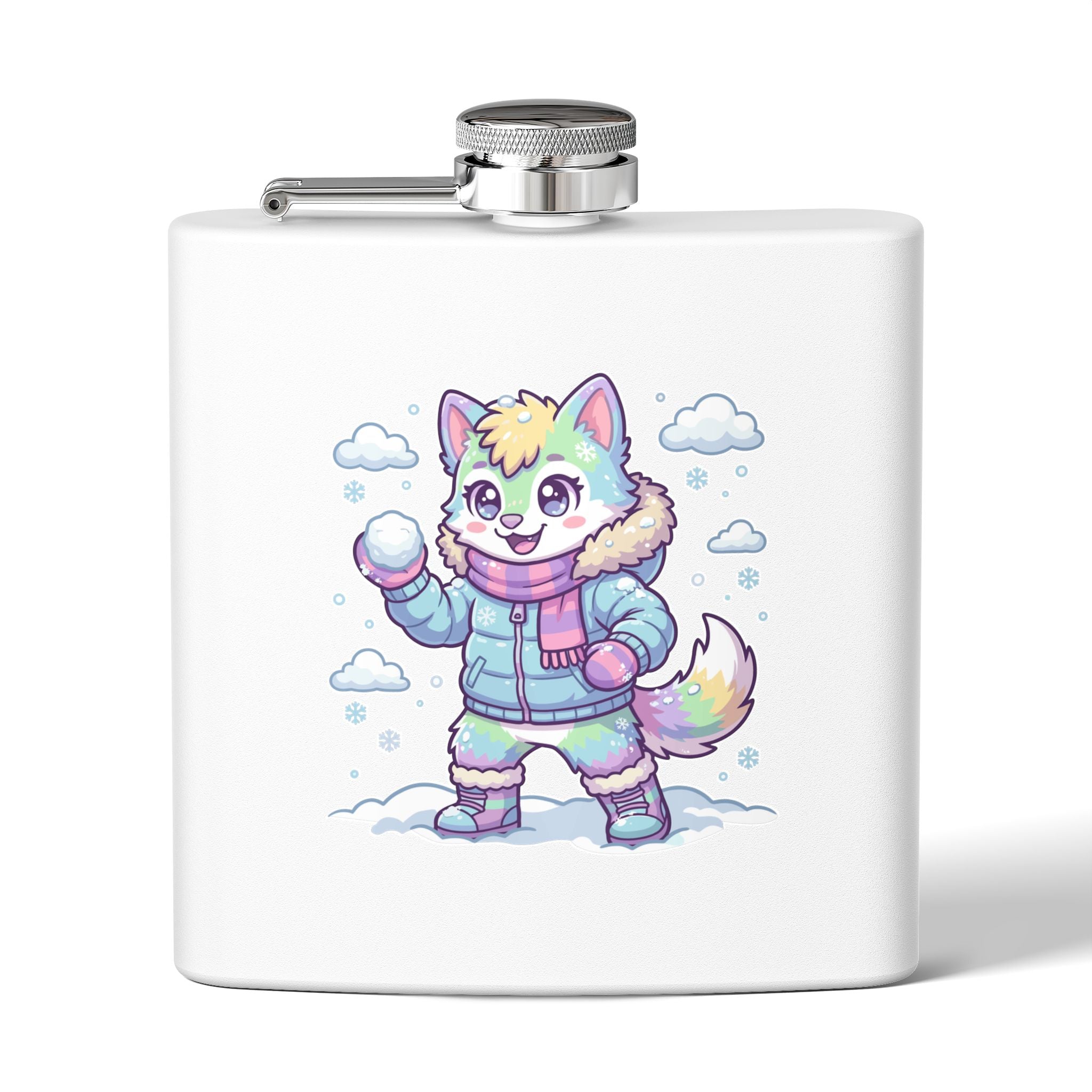 6oz Stainless Steel Flask — Cute Pastel Arctic Pup Snowball Design