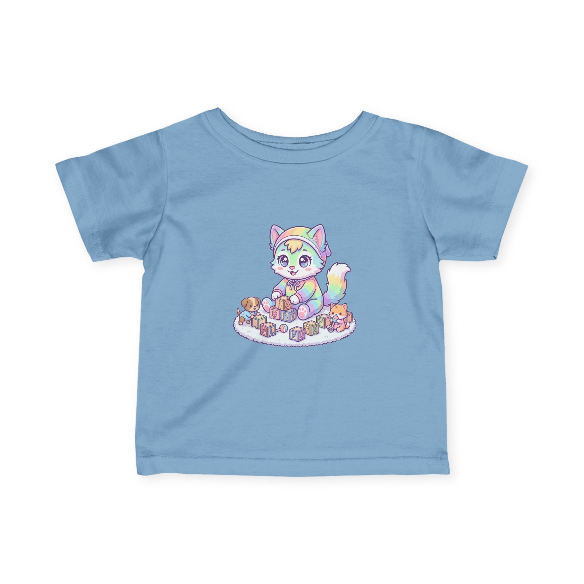 Pastel Rainbow Kitten Infant Tee – Cute Kitty with Toy Blocks