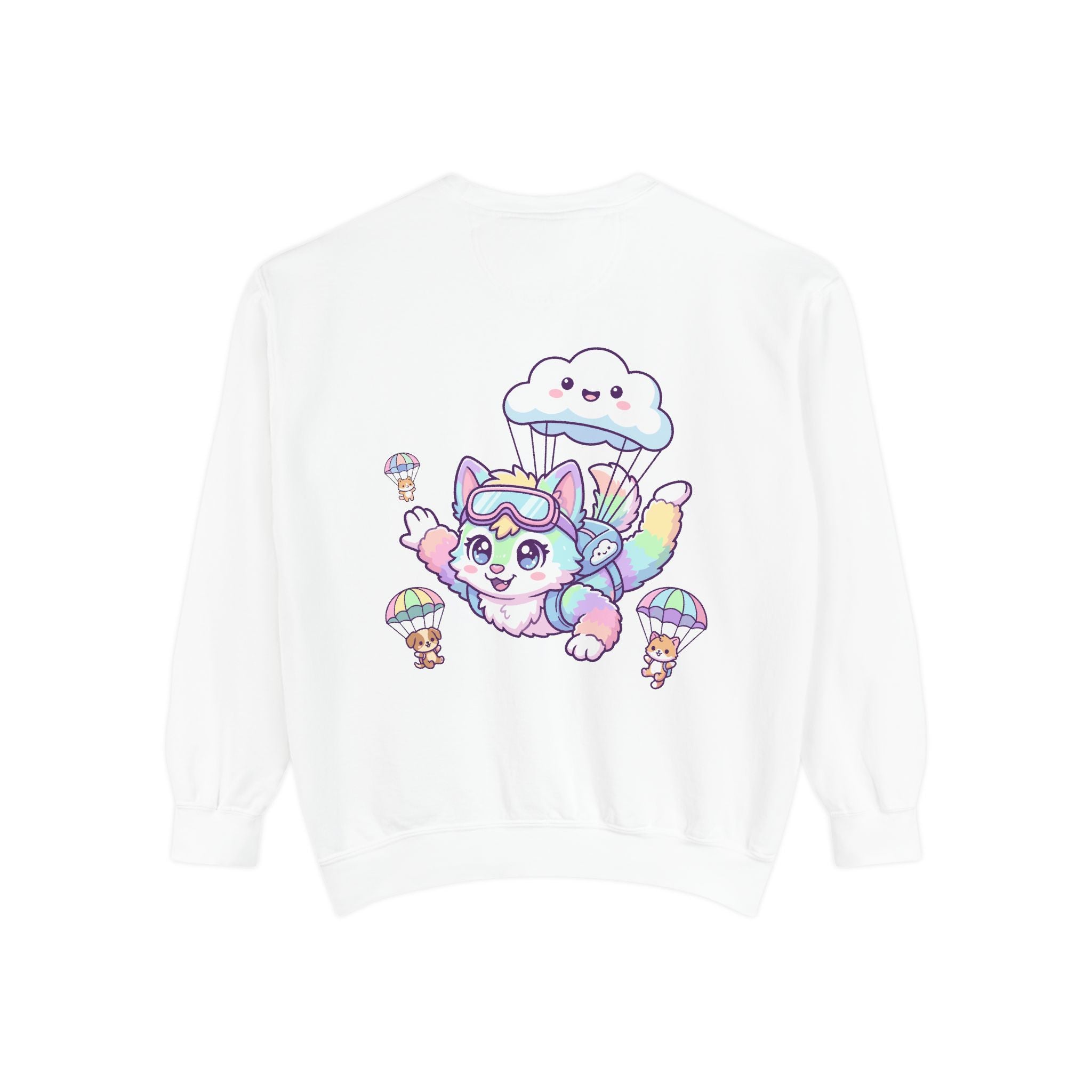 Cute Retro Rainbow Skydiving Furry Sweatshirt | Pocket Graphic T-Shirt