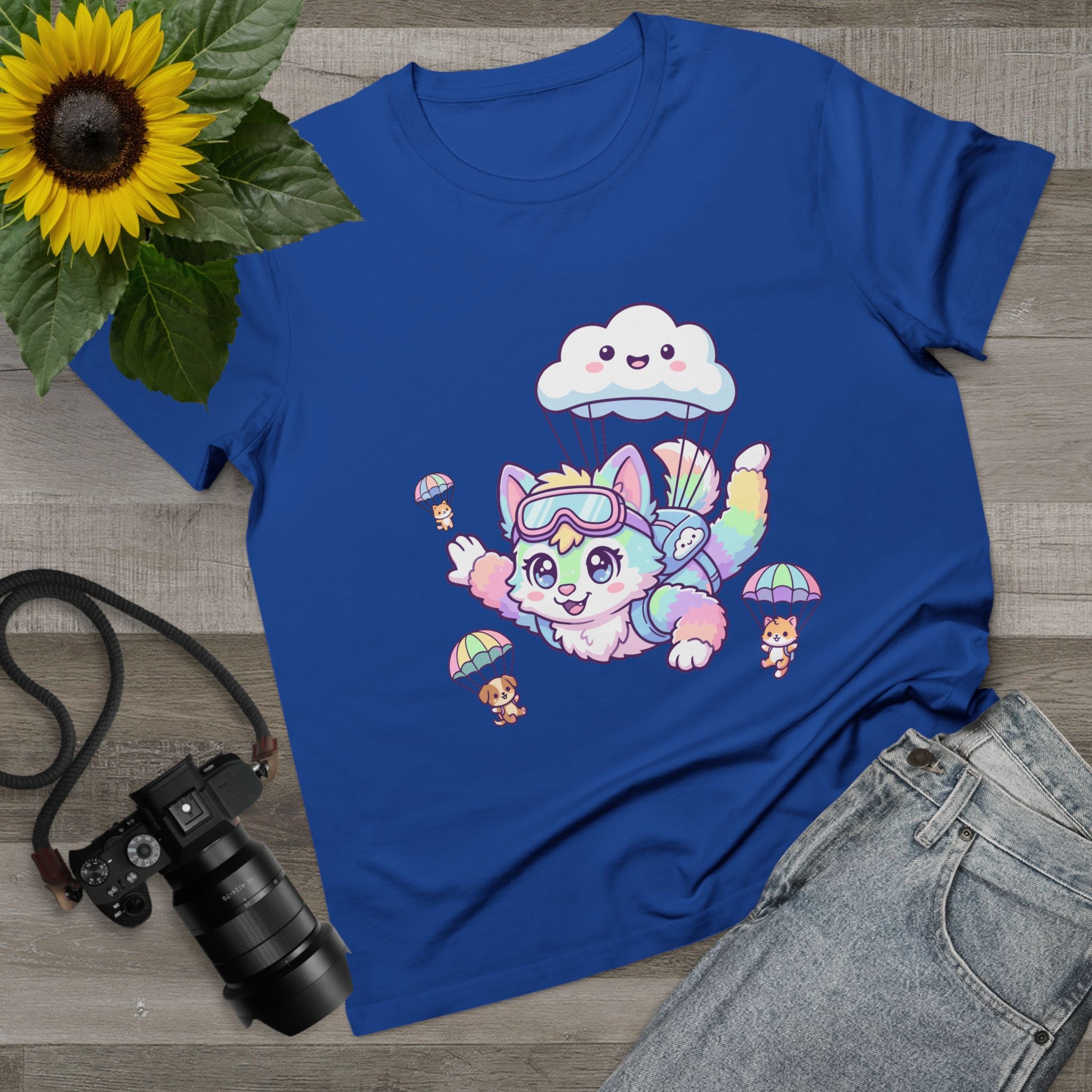 Pastel Rainbow Furry Skydiving Character Tee | Cute Pet Pals
