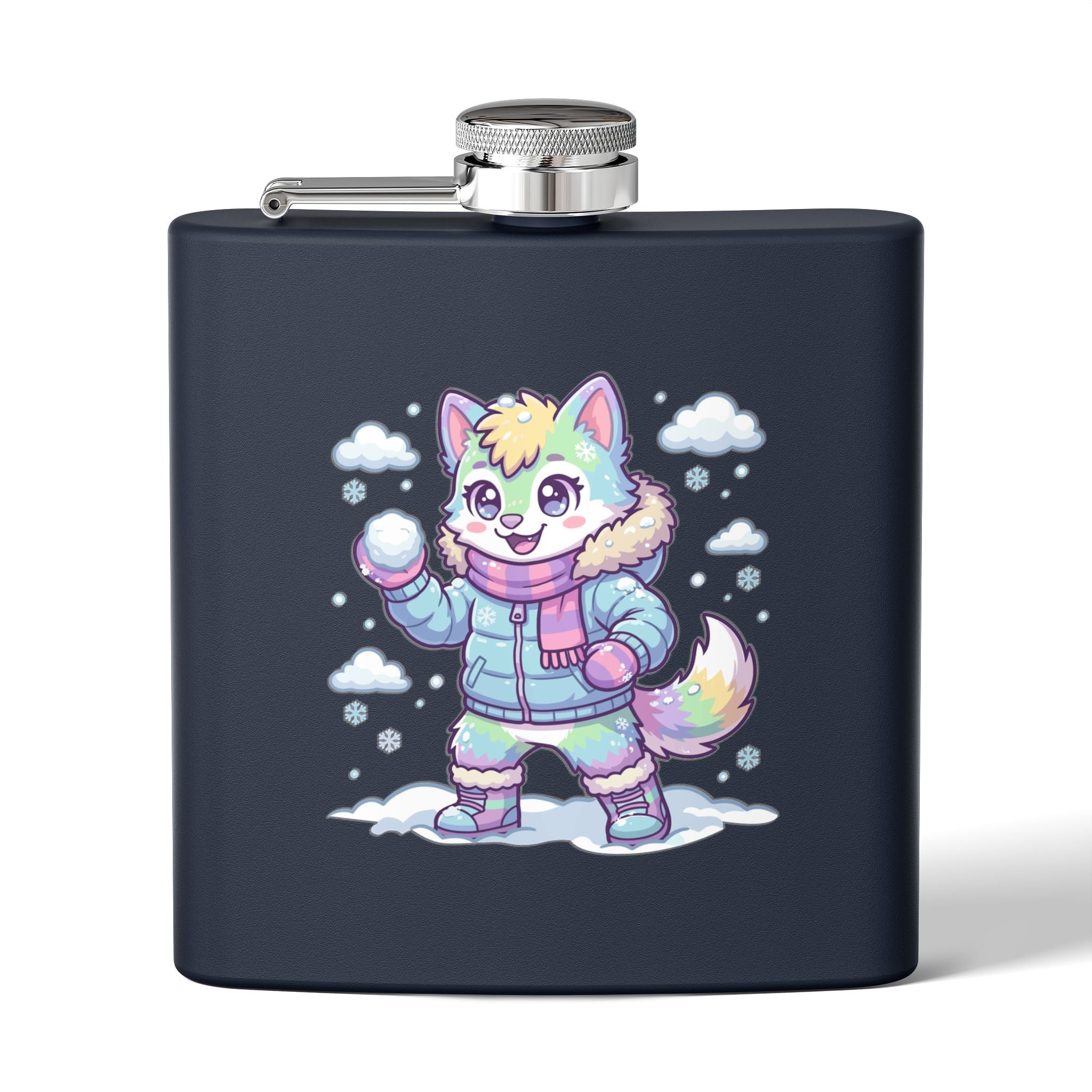 6oz Stainless Steel Flask — Cute Pastel Arctic Pup Snowball Design