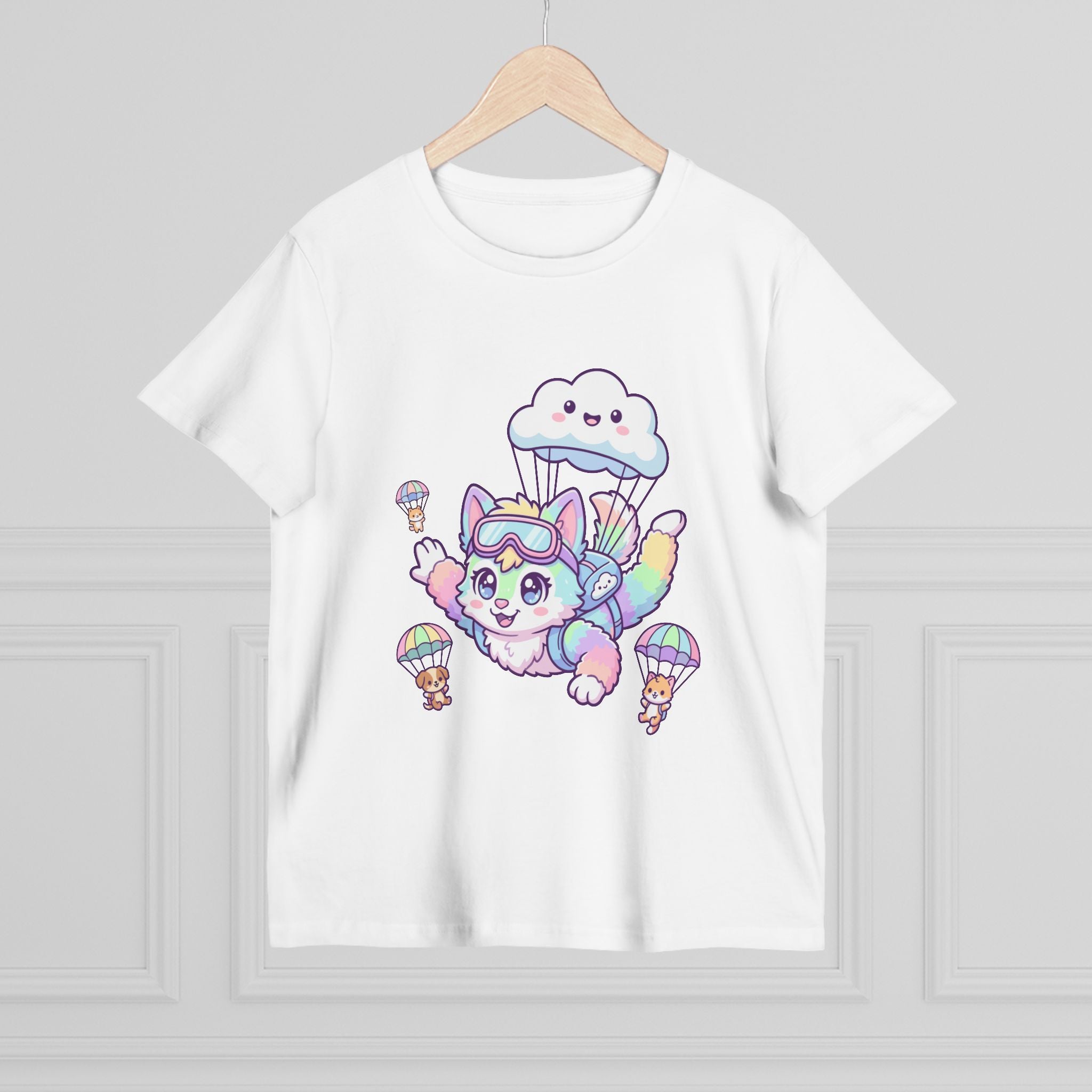 Pastel Rainbow Furry Skydiving Character Tee | Cute Pet Pals
