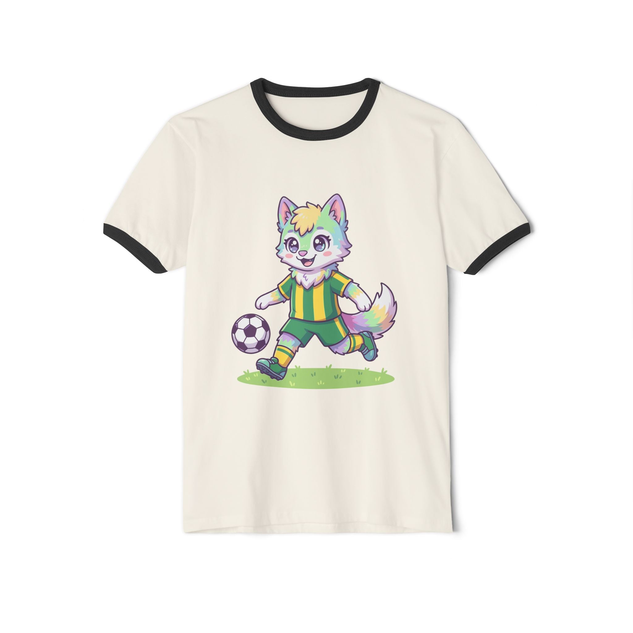 Soccer Rainbow Fox Kids Ringer T-Shirt | Cute Cartoon Fox Playing Soccer