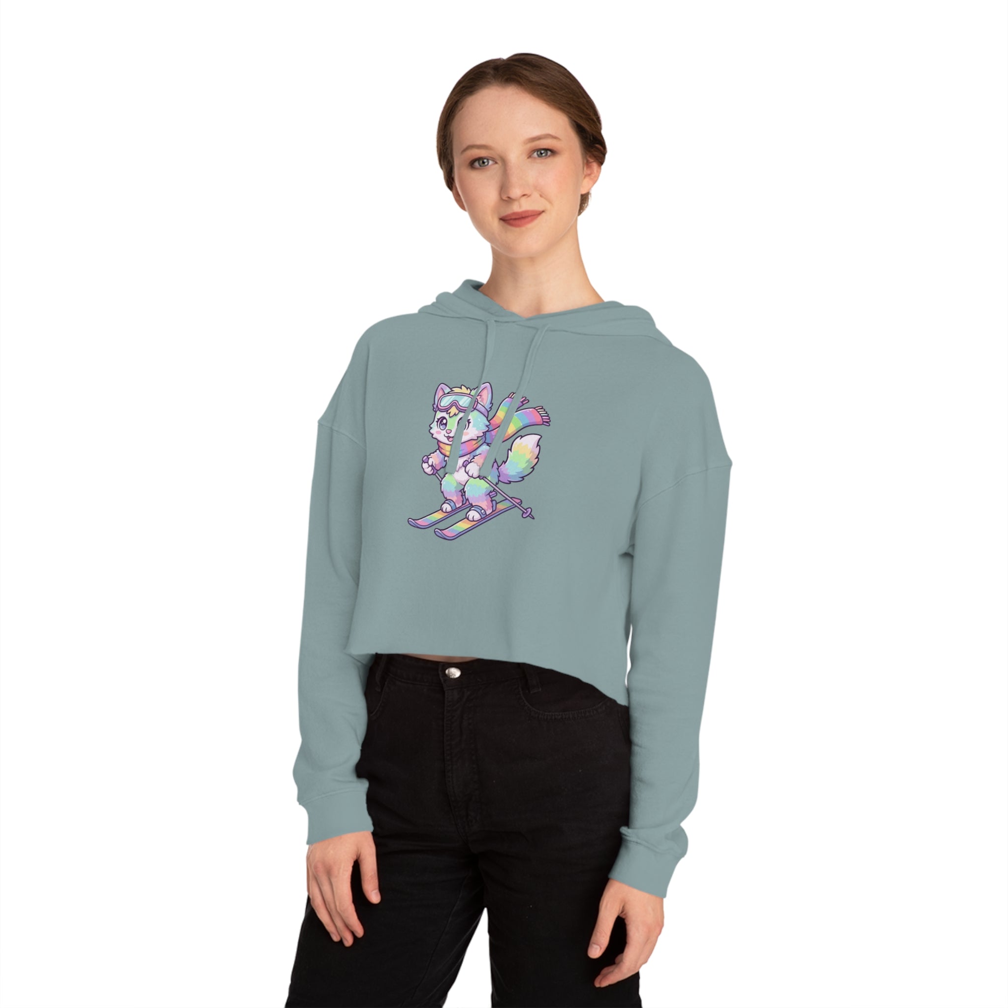 Rainbow Ski Cat Cropped Hoodie — Cute Pastel Cat Skiing Graphic Sweatshirt