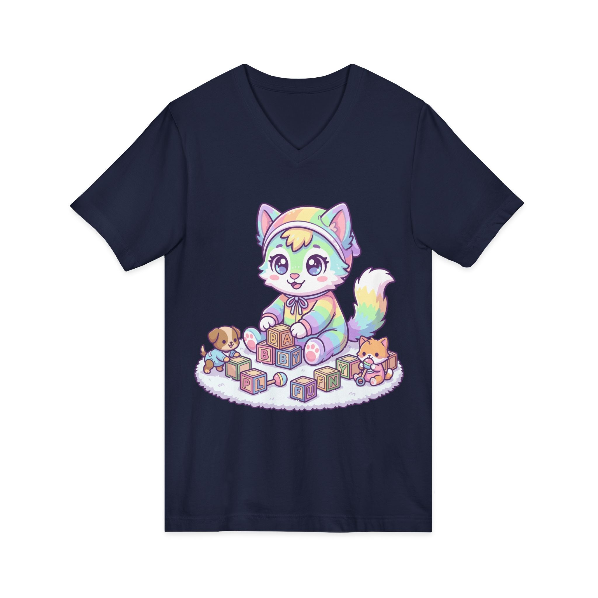 Baby Kawaii Rainbow Kitten Playing With Blocks V-Neck Tee