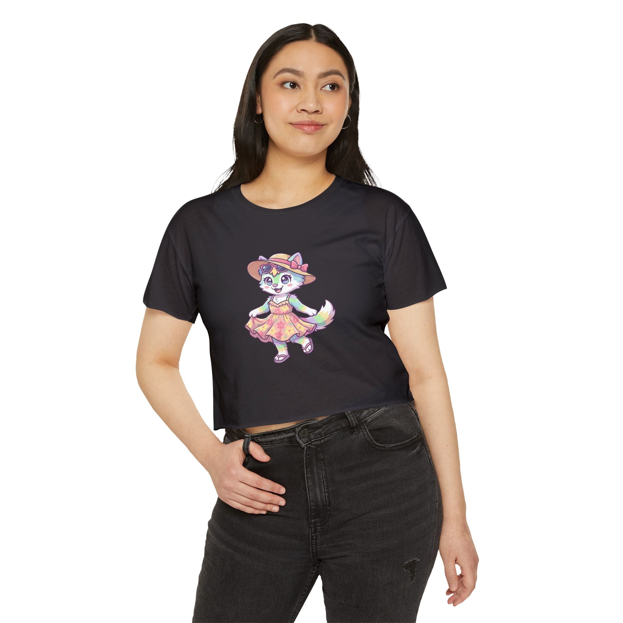 Summer Kawaii Festival Fox Crop Top — Cute Colorful Dancing Fox Graphic