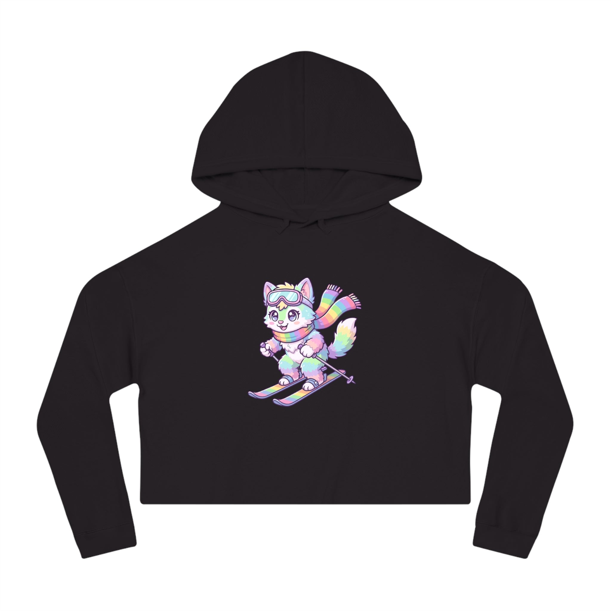 Rainbow Ski Cat Cropped Hoodie — Cute Pastel Cat Skiing Graphic Sweatshirt