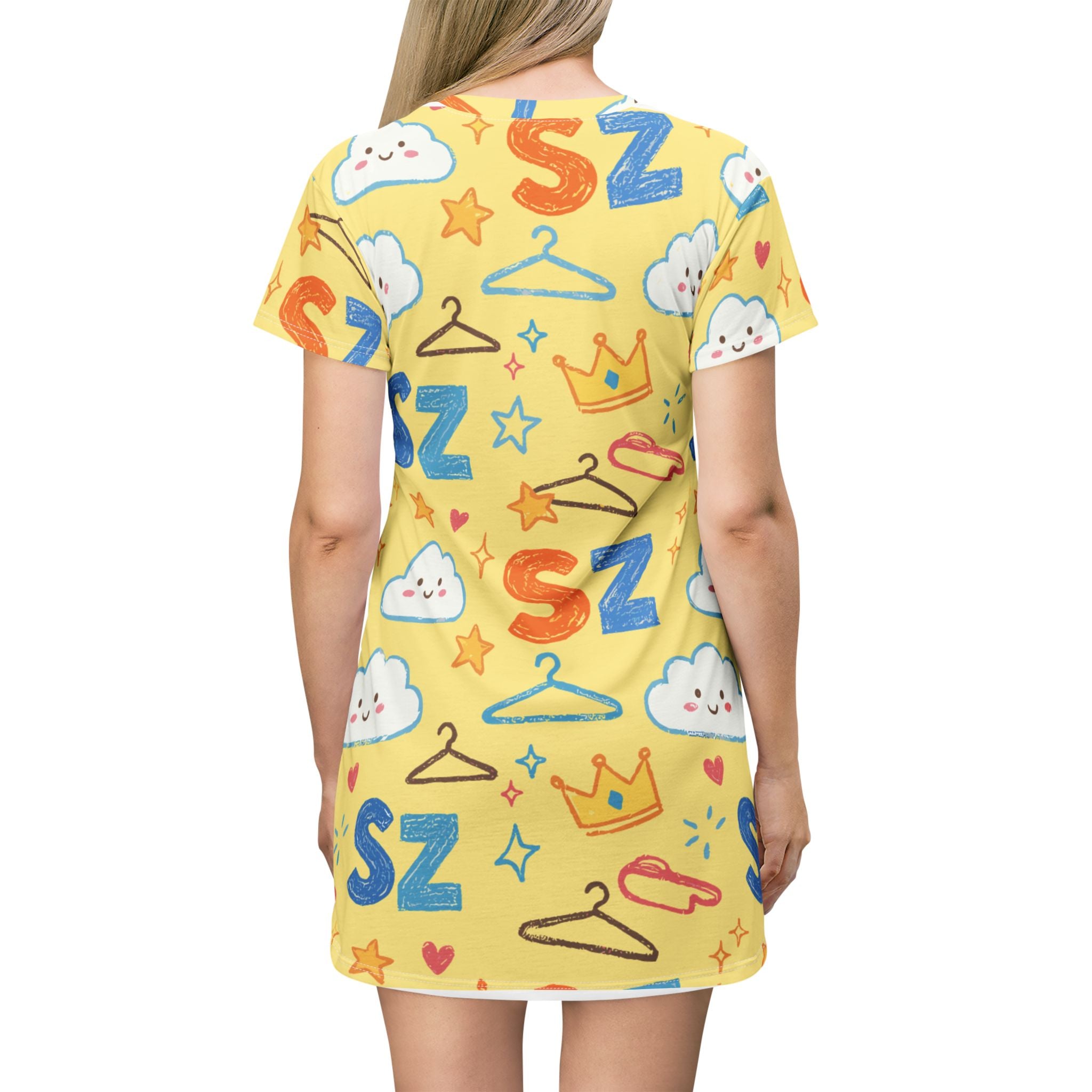 Kids' Yellow SZ Pattern T-Shirt Dress — Cute Clouds, Crowns & Hangers All-Over Print