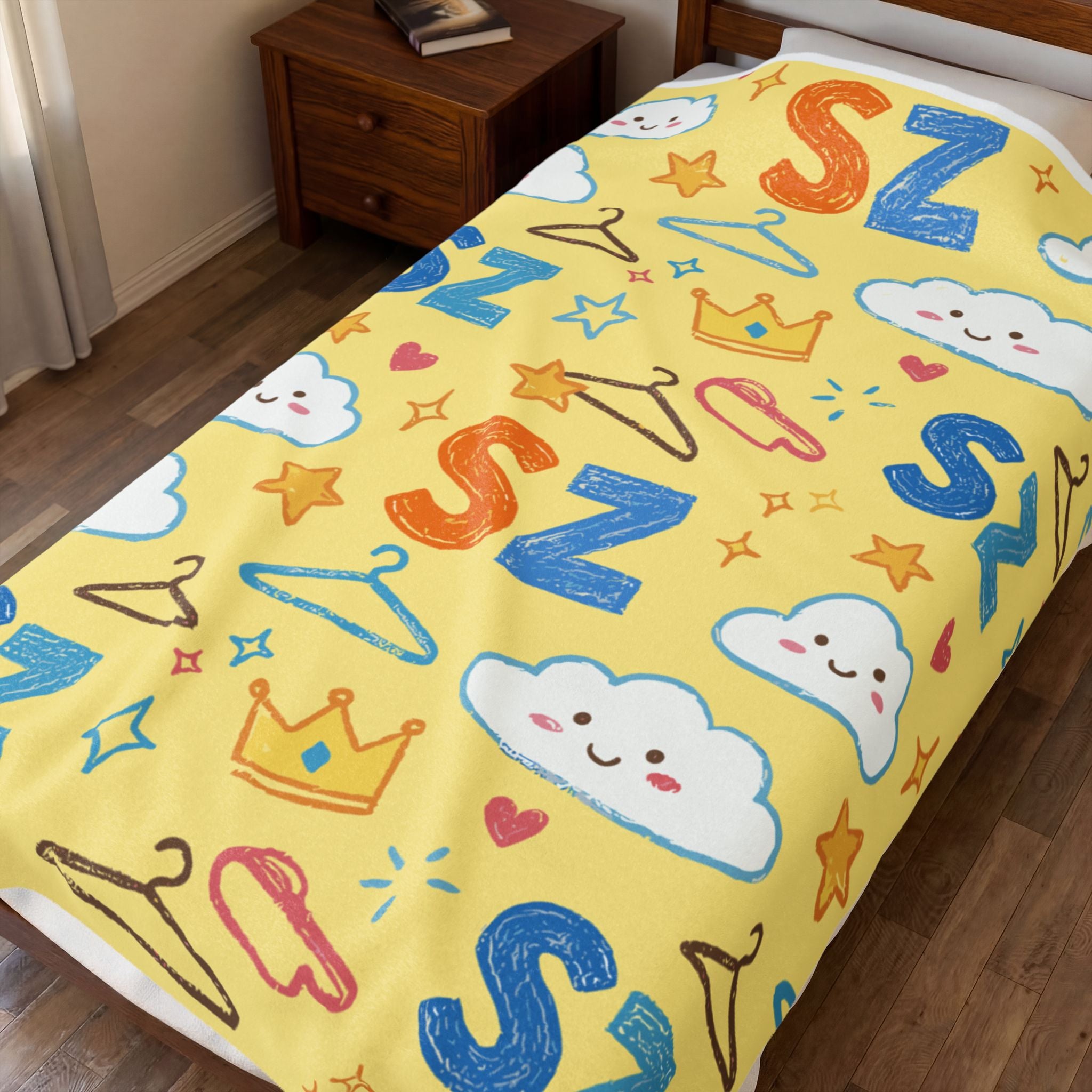 Plush Blanket - Yellow Sleepy Clouds & 'Zs' Kids Velveteen Throw