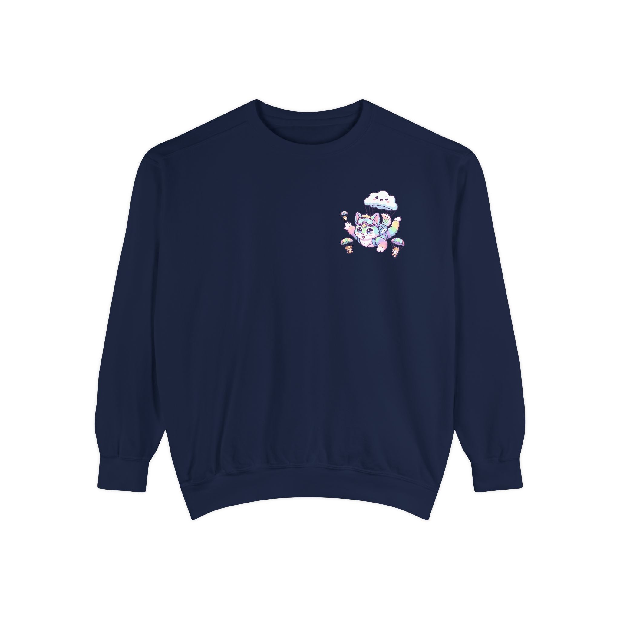 Cute Retro Rainbow Skydiving Furry Sweatshirt | Pocket Graphic T-Shirt