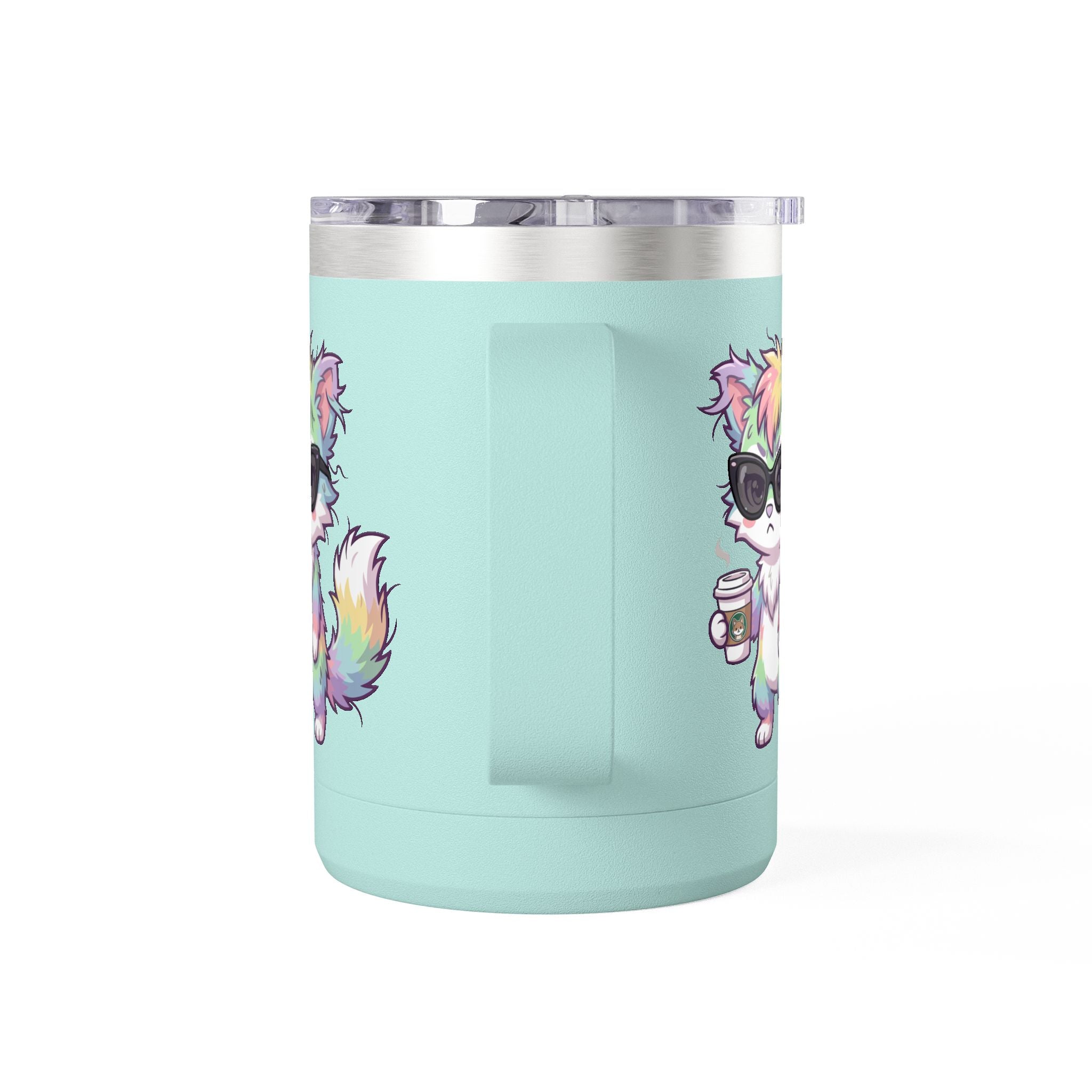 15oz Travel Mug – Cute Grumpy Rainbow Furry with Coffee