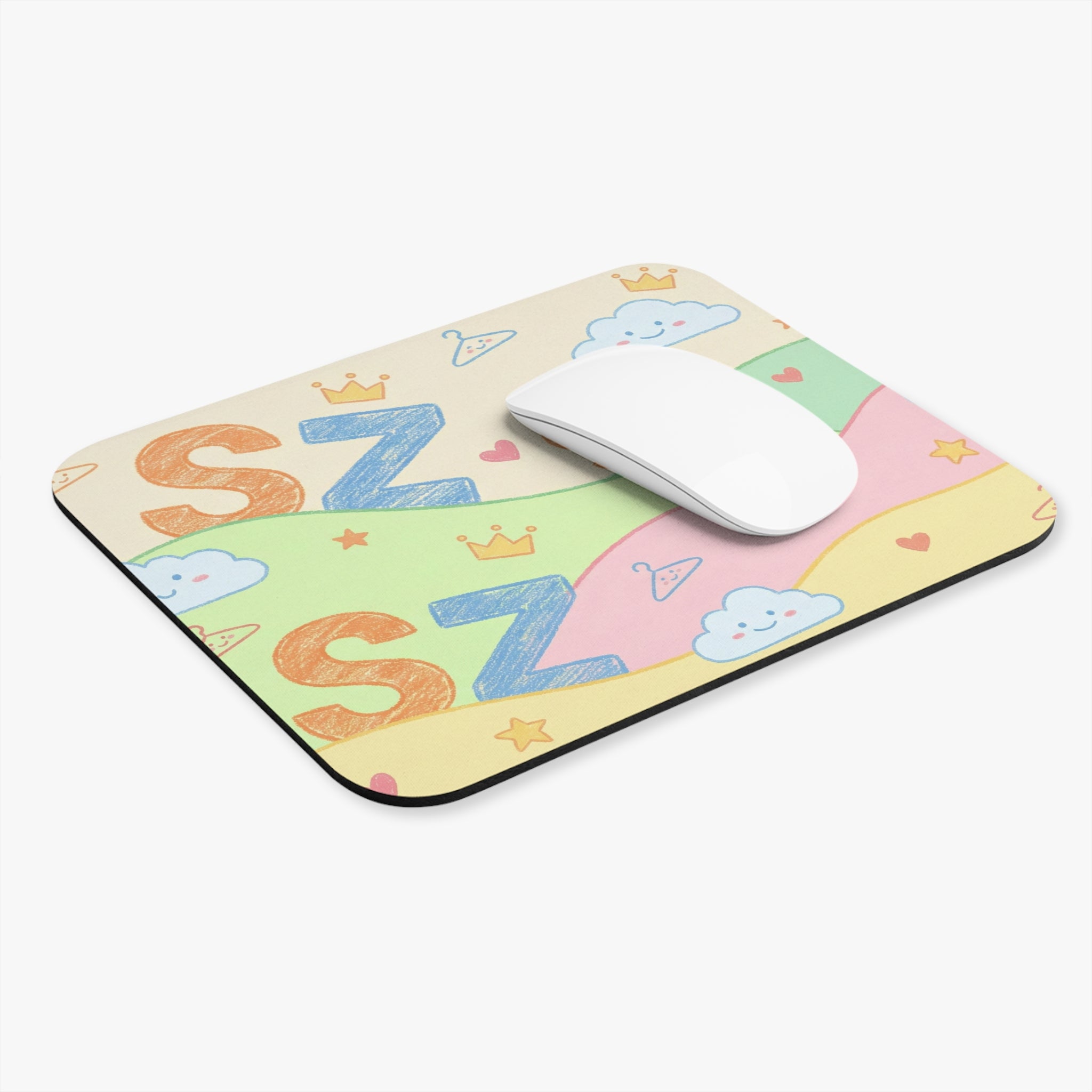 Cute Pastel 'SZ' Smiling Clouds Rectangle Mouse Pad — Kawaii Nap Vibe Desk Mat