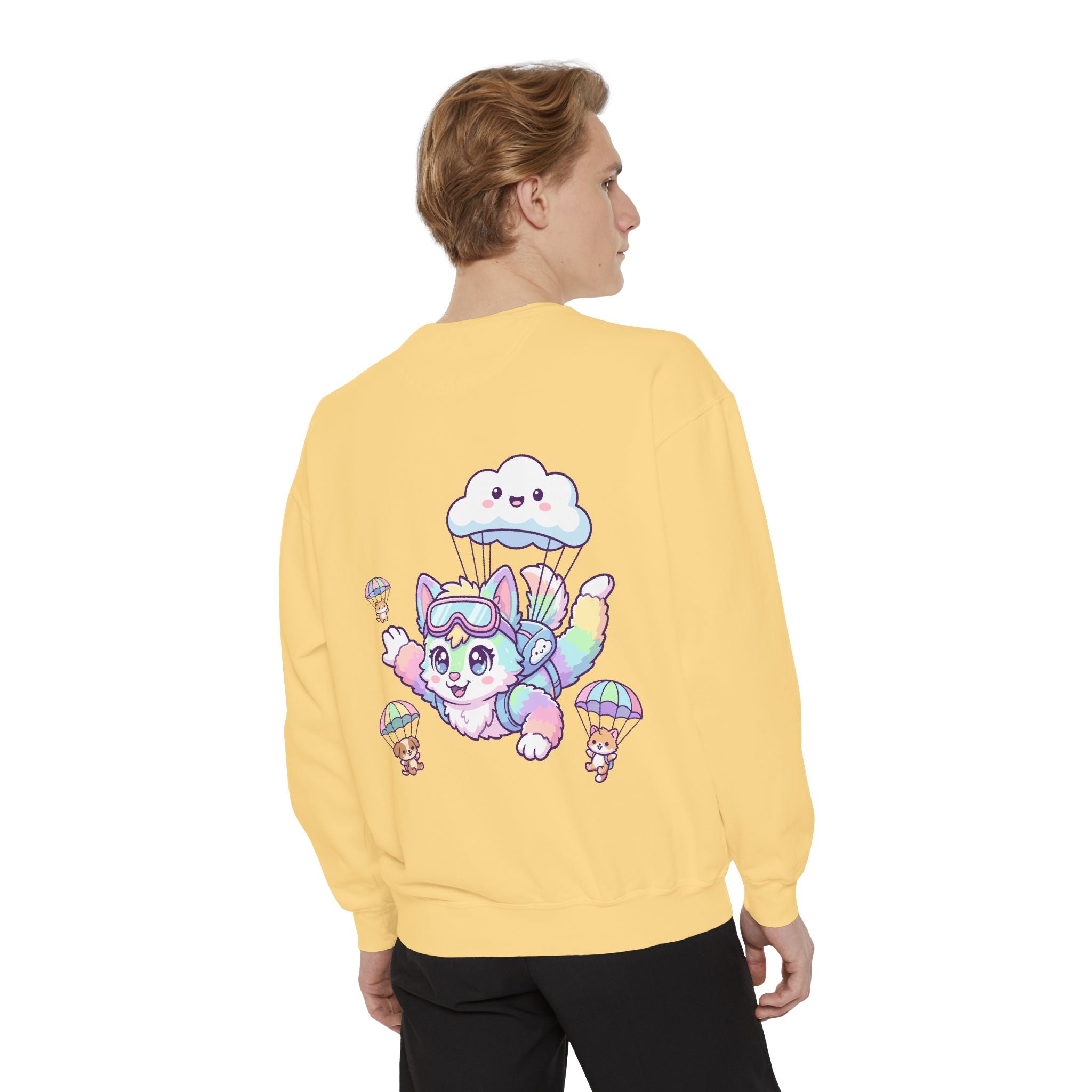 Cute Retro Rainbow Skydiving Furry Sweatshirt | Pocket Graphic T-Shirt