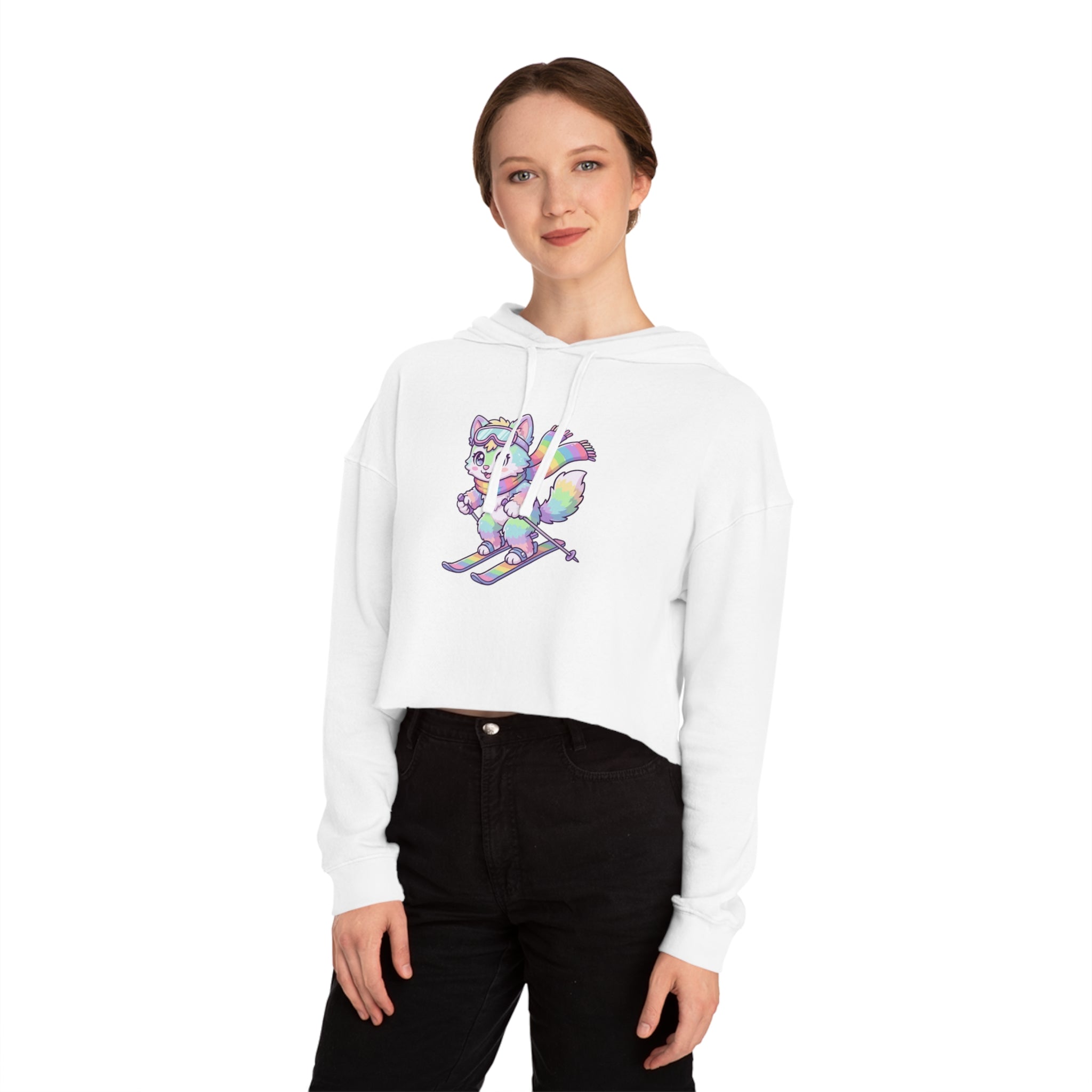 Rainbow Ski Cat Cropped Hoodie — Cute Pastel Cat Skiing Graphic Sweatshirt