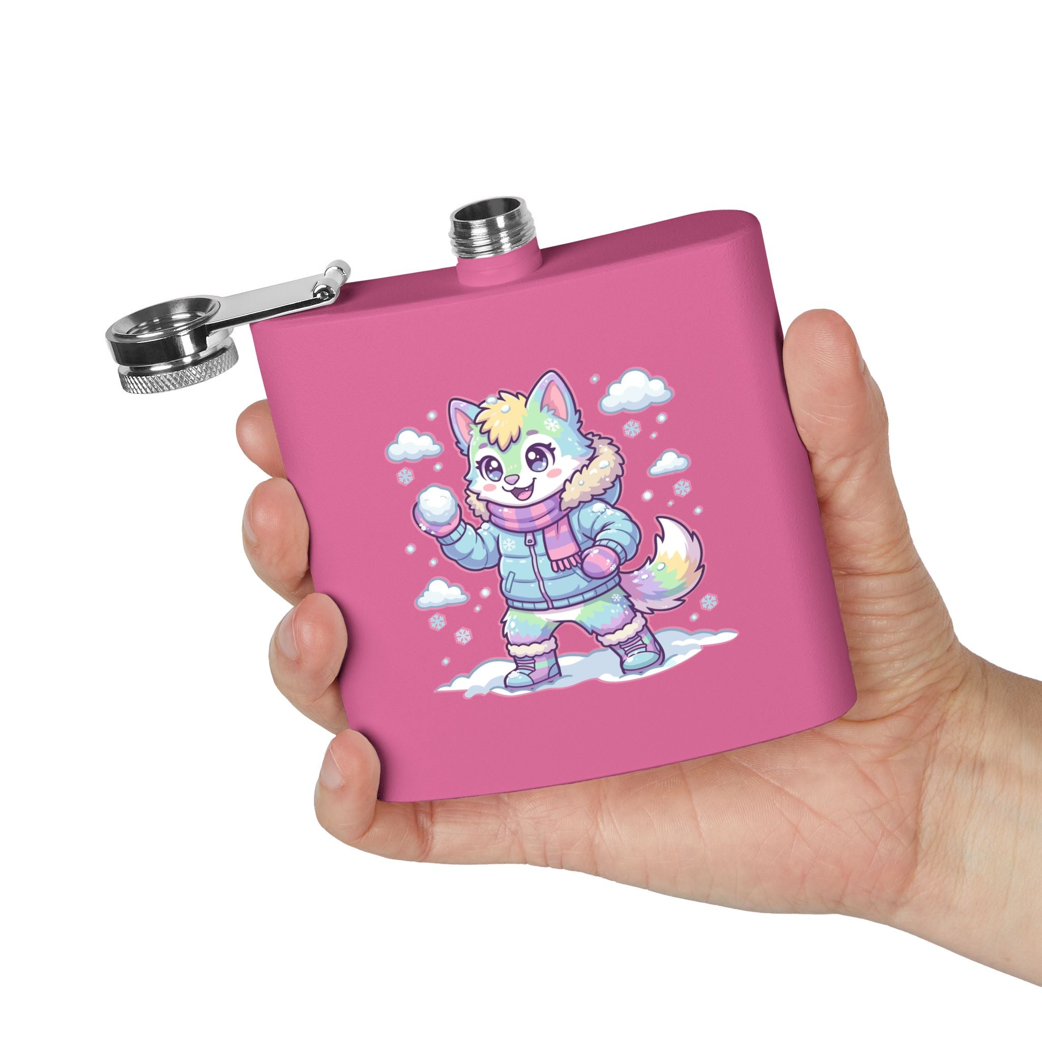 6oz Stainless Steel Flask — Cute Pastel Arctic Pup Snowball Design