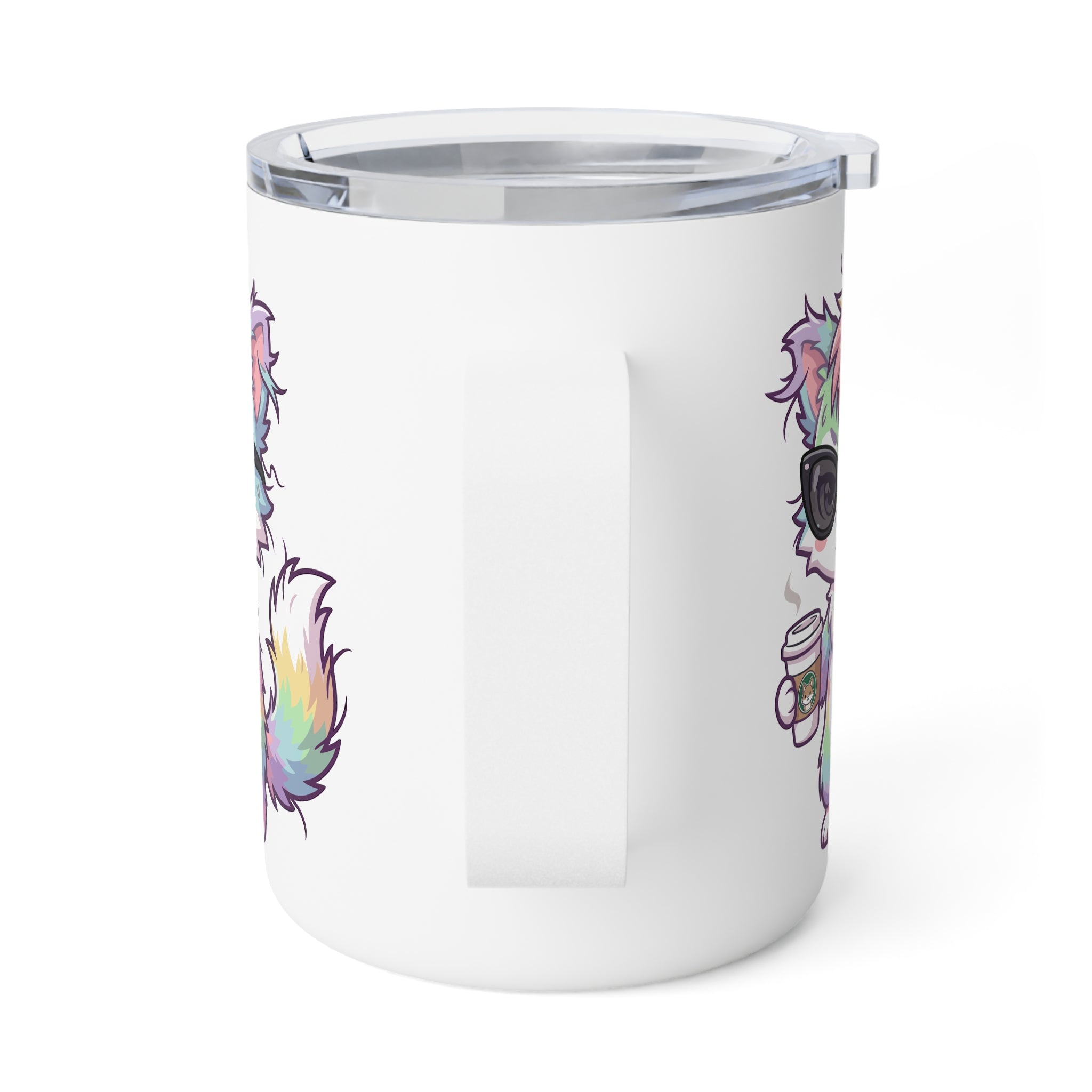 10oz Insulated Coffee Mug — Cute Grumpy Rainbow Furry Holding Coffee Cute Travel Tumbler