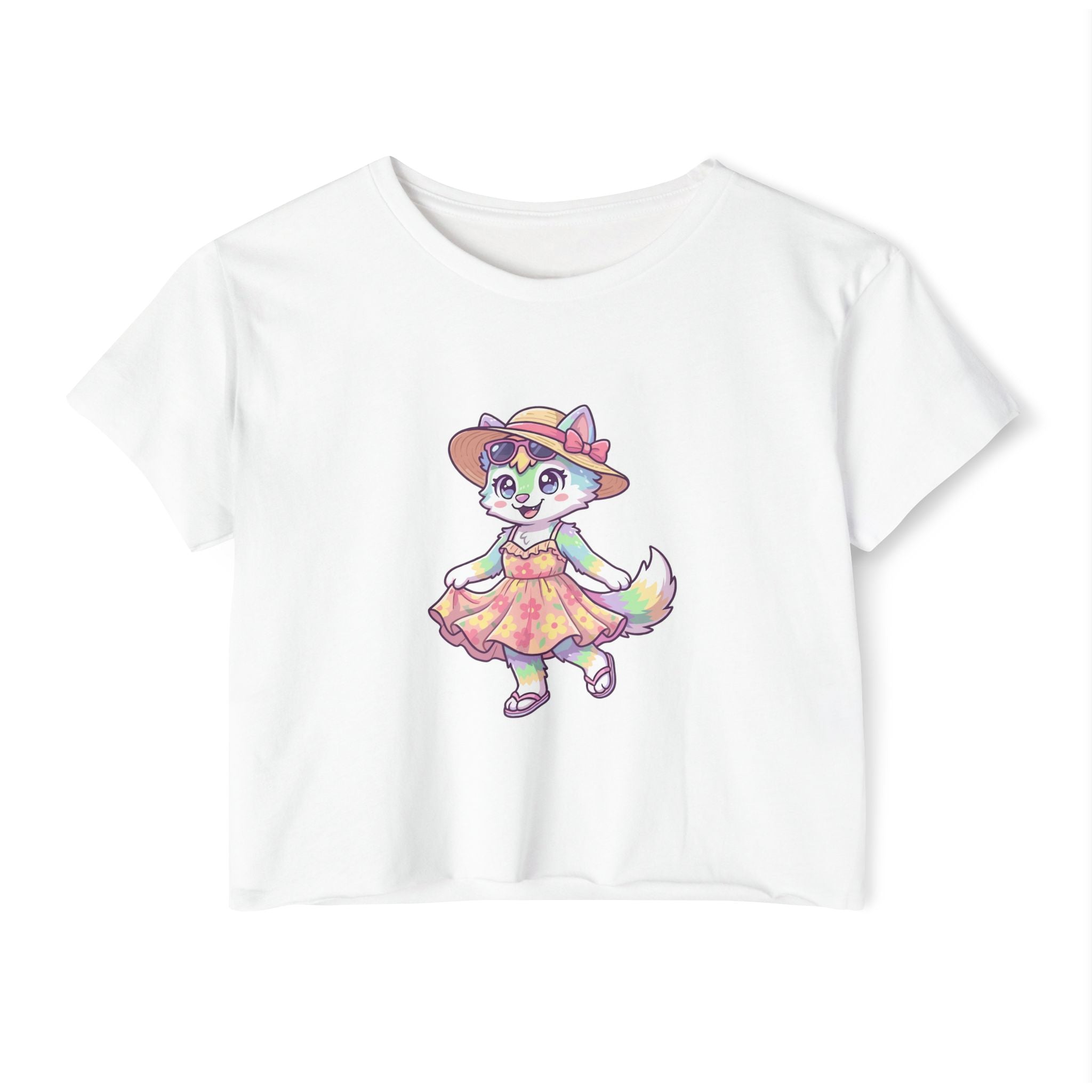 Summer Kawaii Festival Fox Crop Top — Cute Colorful Dancing Fox Graphic