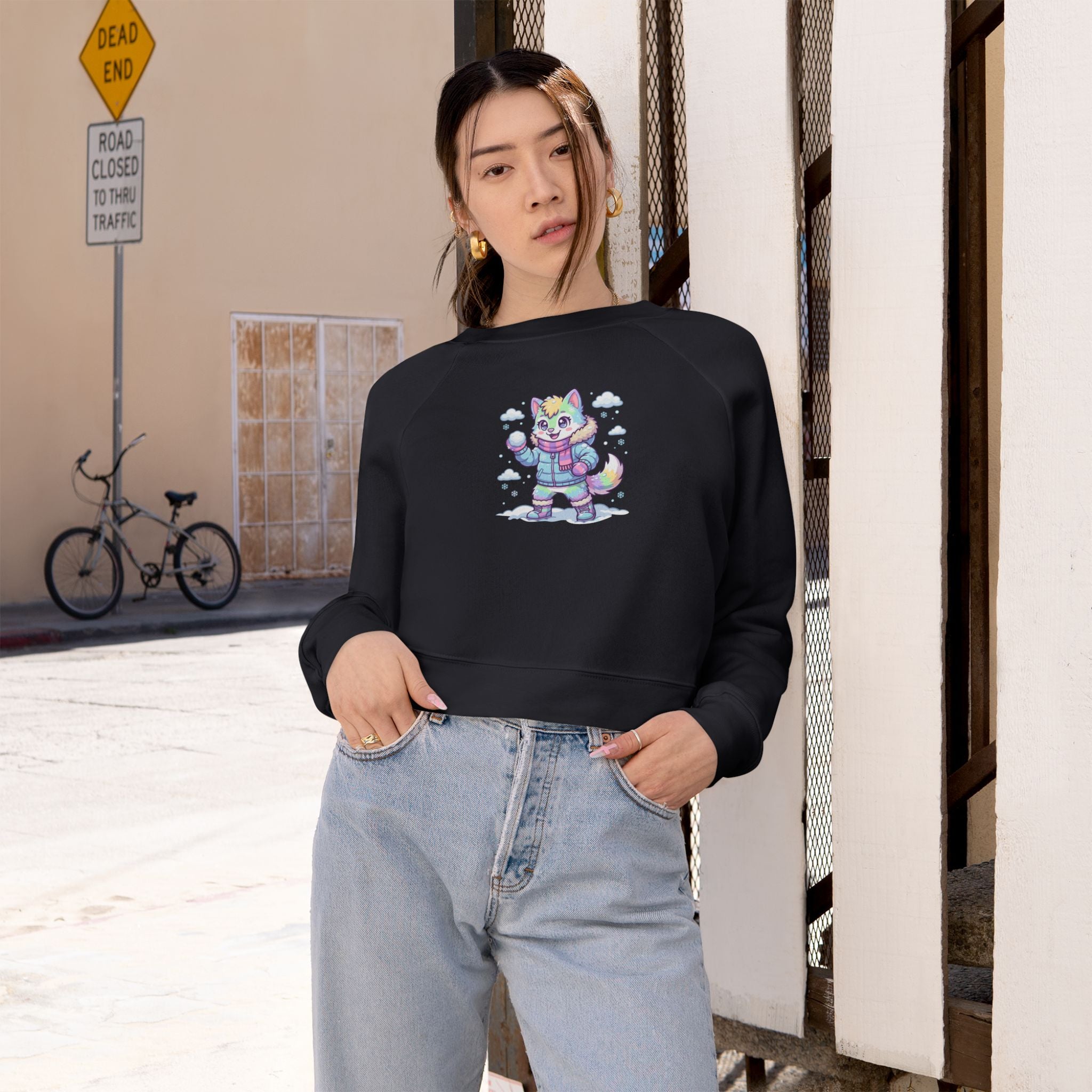 Winter Cropped Pullover | Pastel Lucky Cat Snowball Graphic