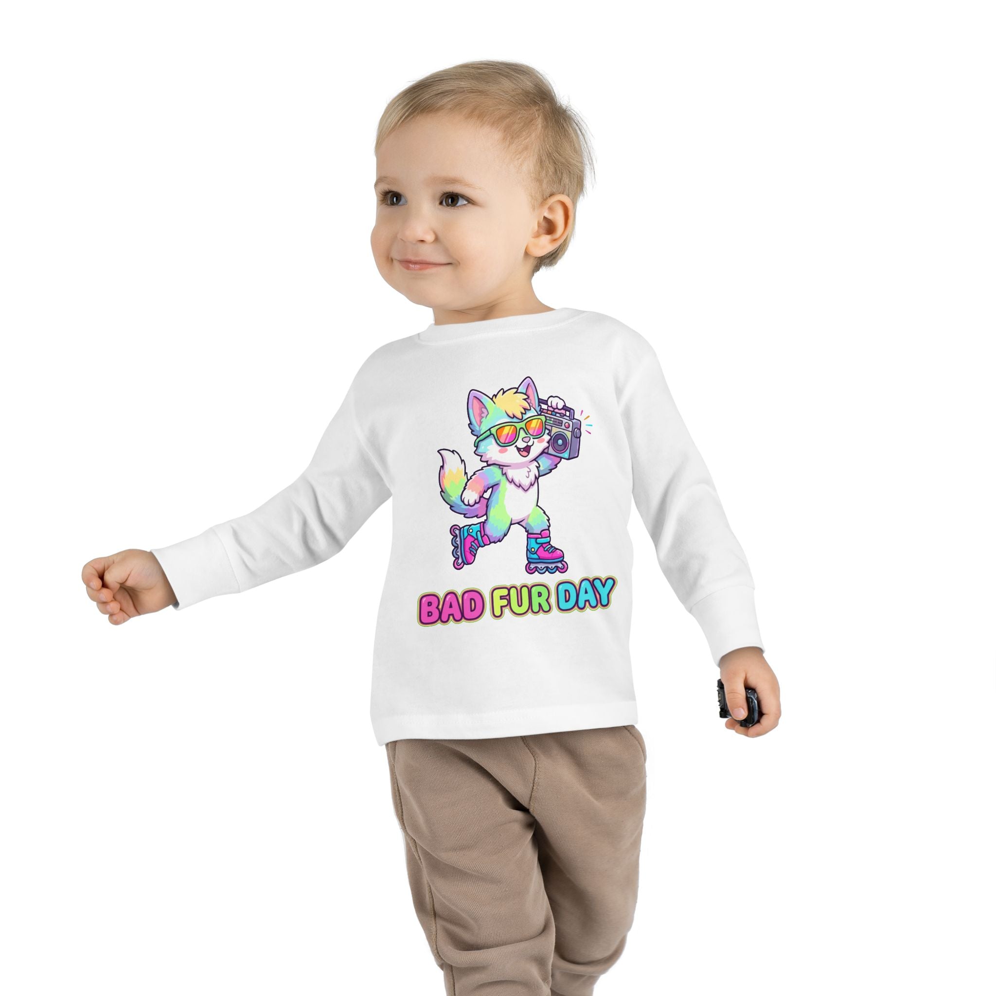 Toddler Long Sleeve Tee — "Bad Fur Day" Rainbow Roller Fox Kids Shirt