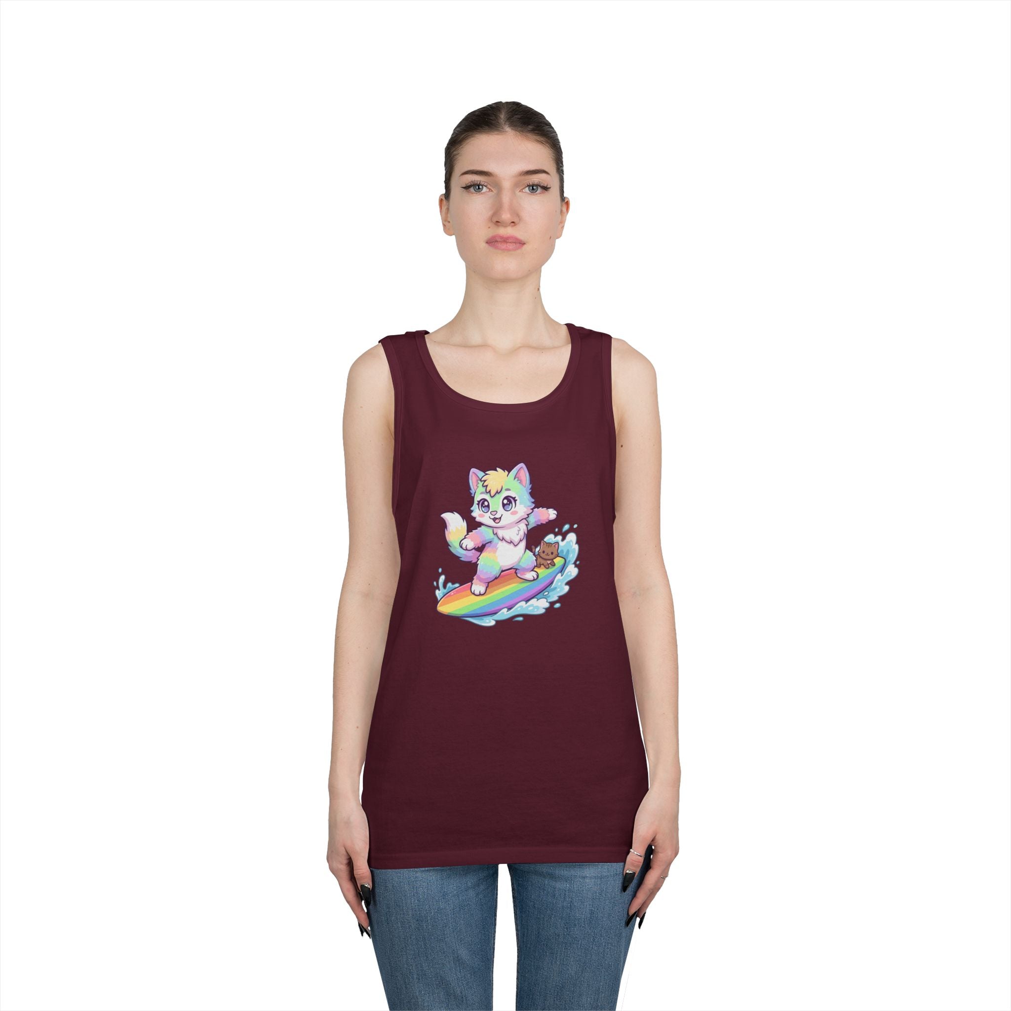 Kawaii Cat Surfing Rainbow Tank