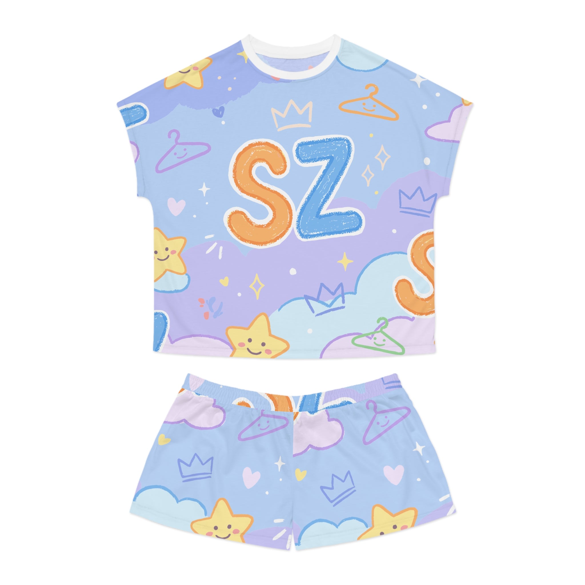 Cute Pastel 'SZ' Short Pajama Set — Women's Sleepwear, Star & Cloud Lounge Shorts Top