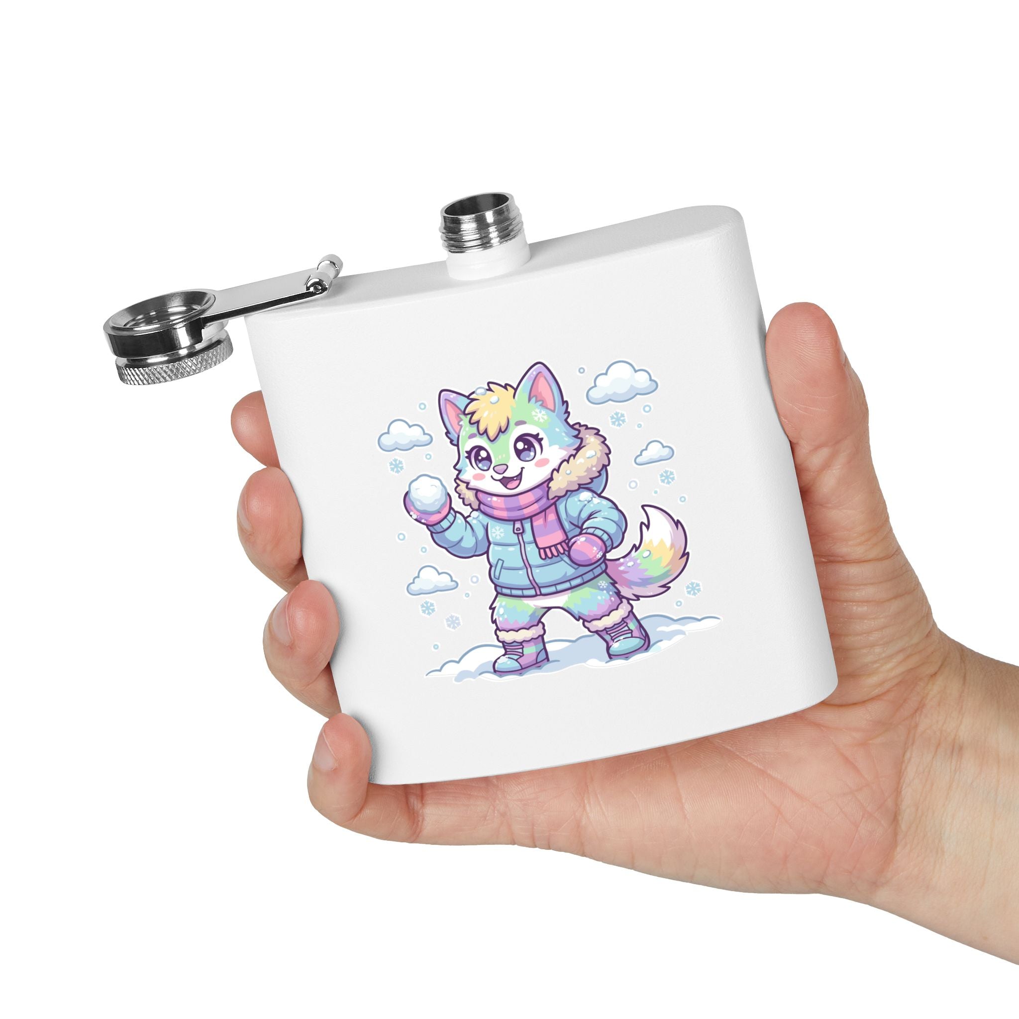 6oz Stainless Steel Flask — Cute Pastel Arctic Pup Snowball Design
