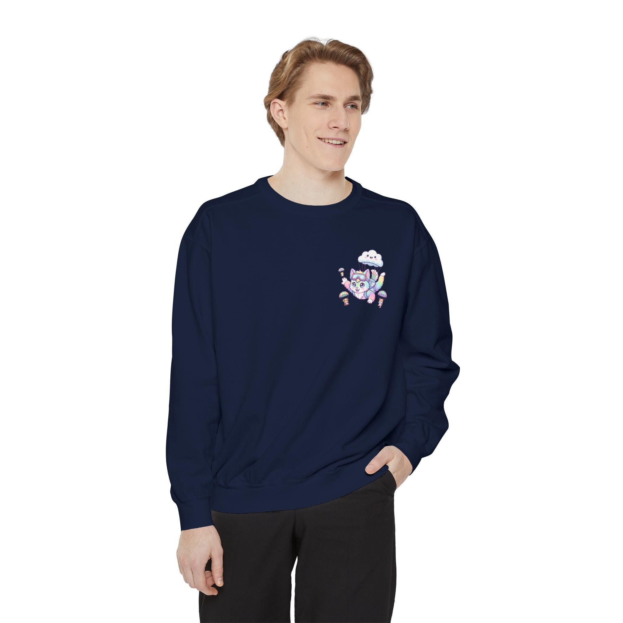 Cute Retro Rainbow Skydiving Furry Sweatshirt | Pocket Graphic T-Shirt