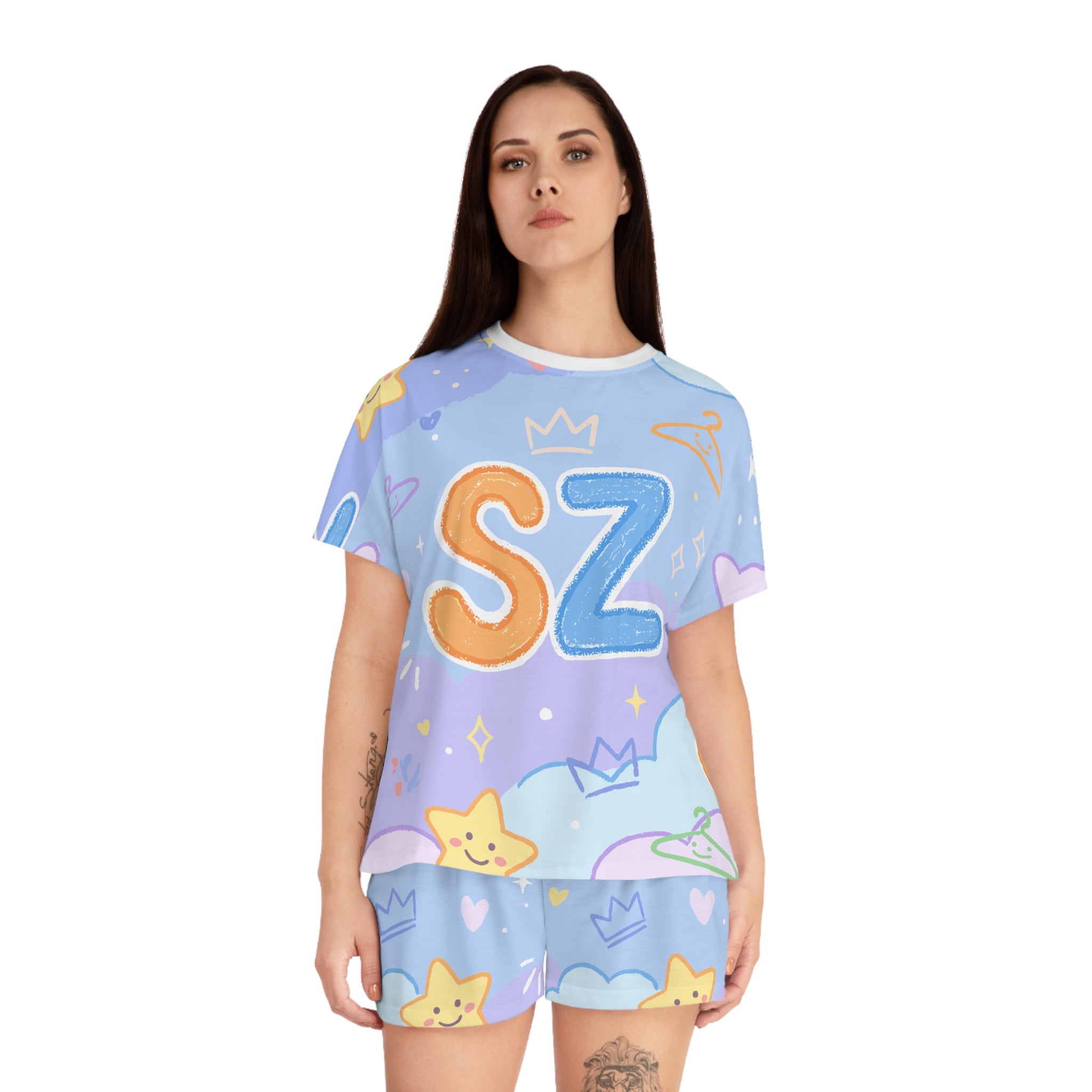 Cute Pastel 'SZ' Short Pajama Set — Women's Sleepwear, Star & Cloud Lounge Shorts Top